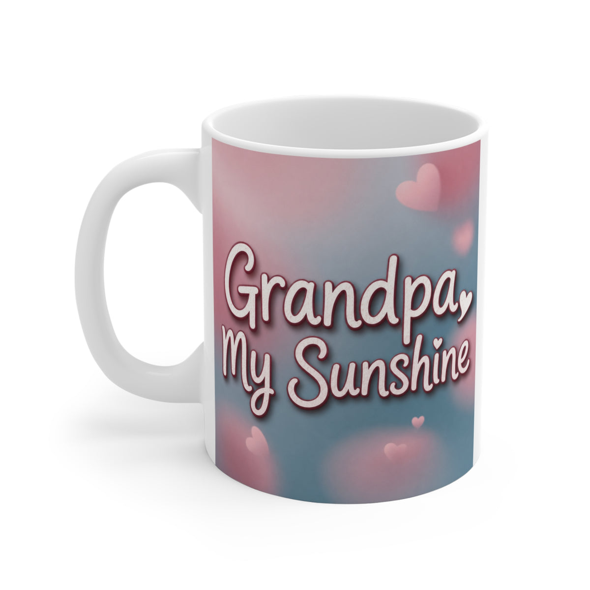 Heartwarming Grandpa My Sunshine ceramic mug with pink heart accents and blue-pink gradient artwork, thoughtful gift from grandchildren.
