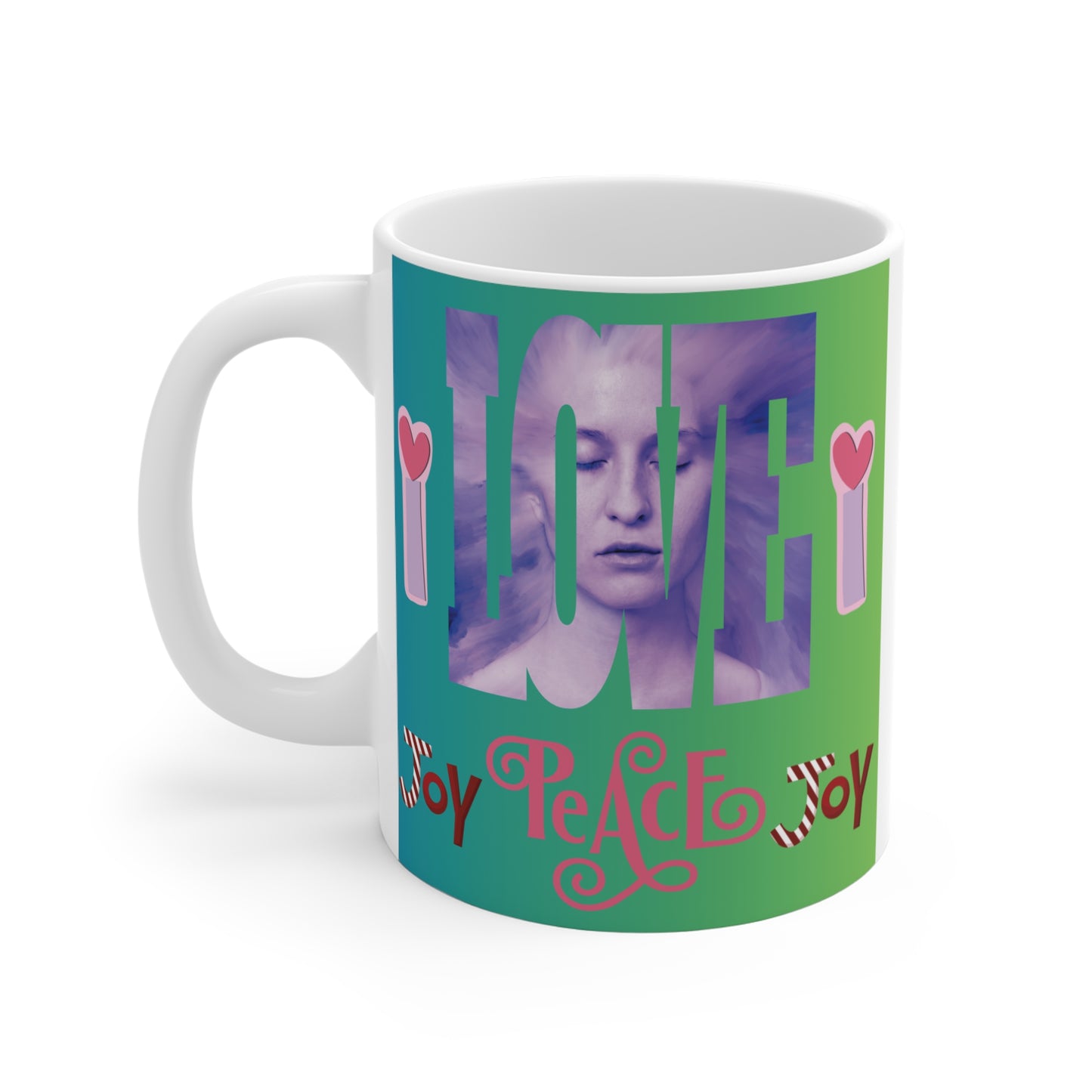 LOVE joy peace mug design with woman portrait and colorful gradient background, inspirational typography coffee mug