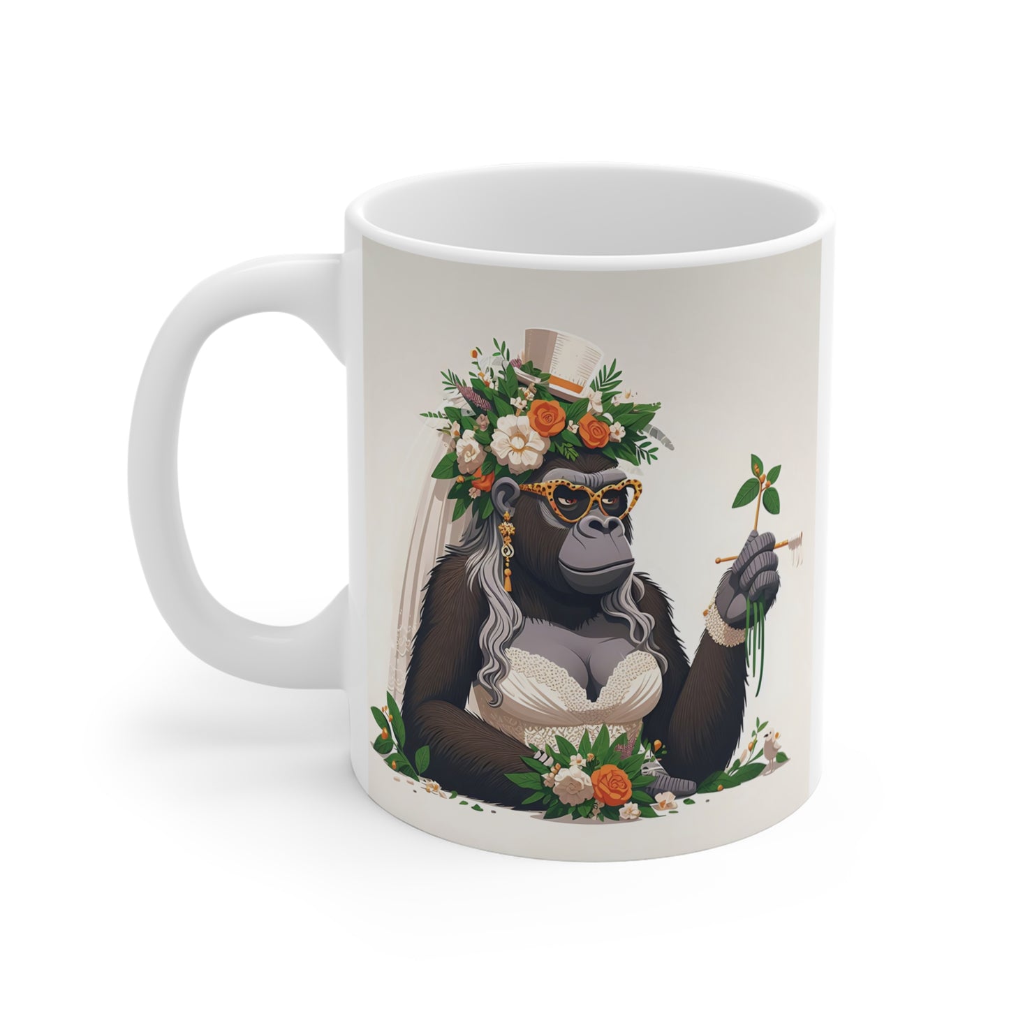 Gorilla bride coffee mug with wedding veil, flowers, sunglasses, and bouquet, funny bridal shower gift for animal lovers.