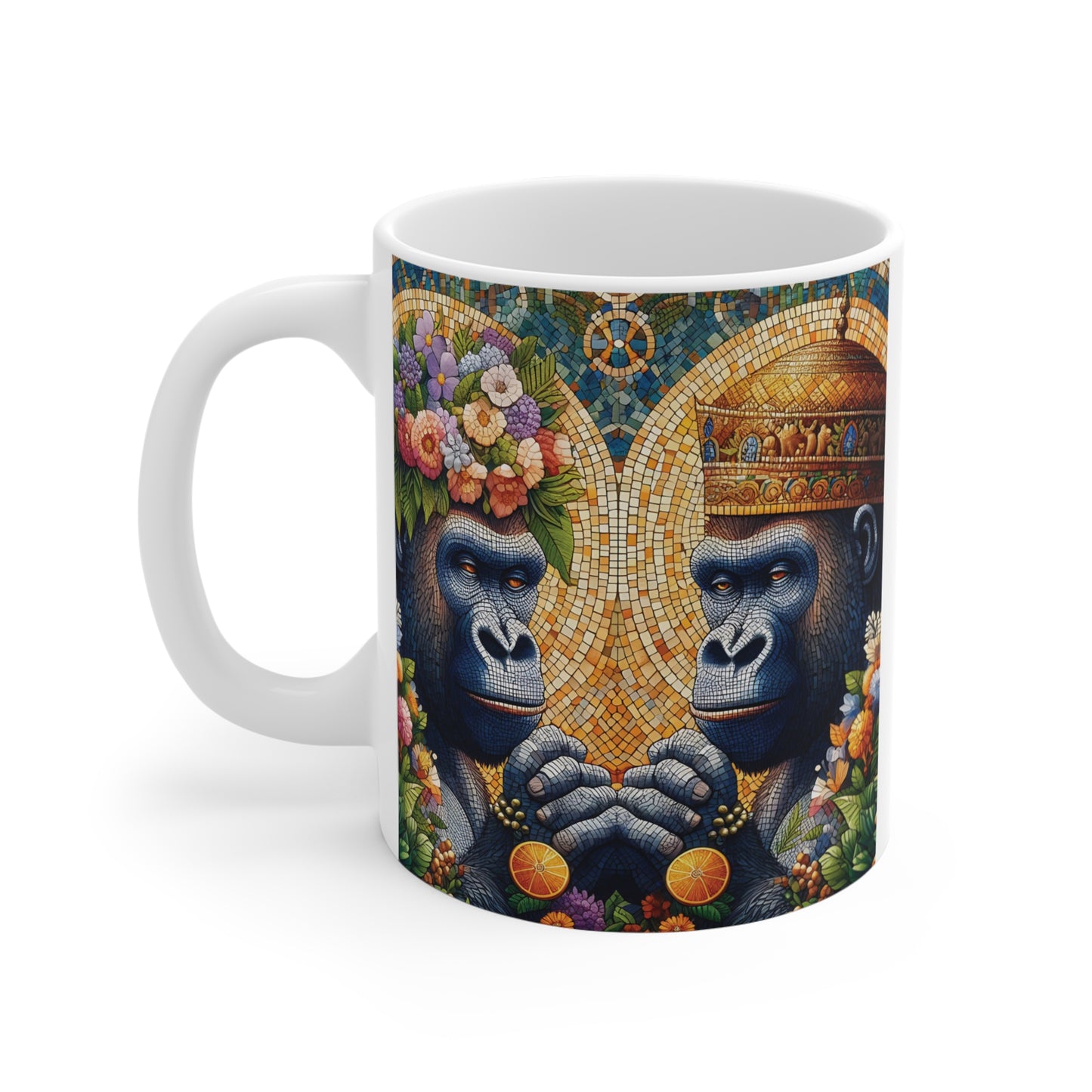 Decorative gorilla mosaic illustration on a coffee mug featuring regal primates, colorful floral arrangements, intricate tile patterns, and a symmetrical artistic composition.