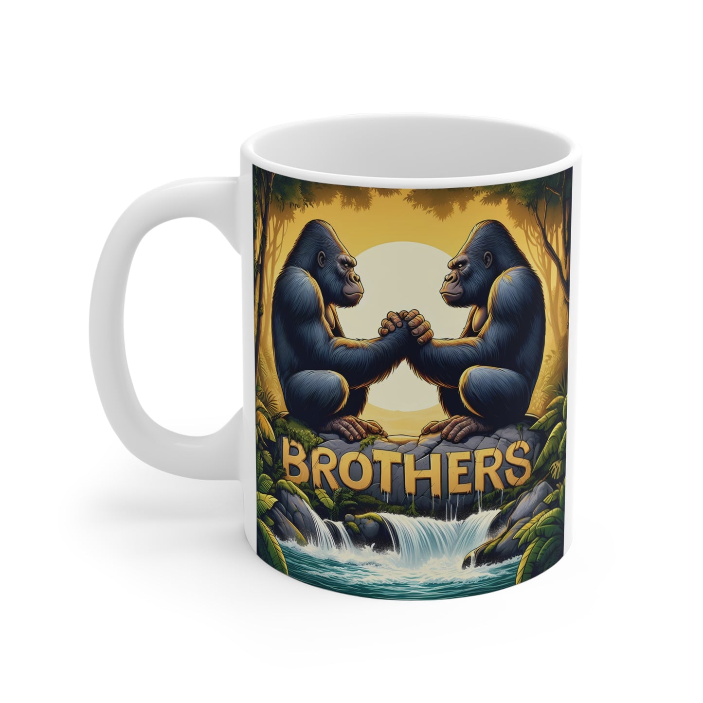 Decorative mug featuring a pair of gorillas sitting face-to-face with clasped hands above a waterfall, symbolizing strength, unity, friendship, and brotherhood in vibrant jungle artwork.
