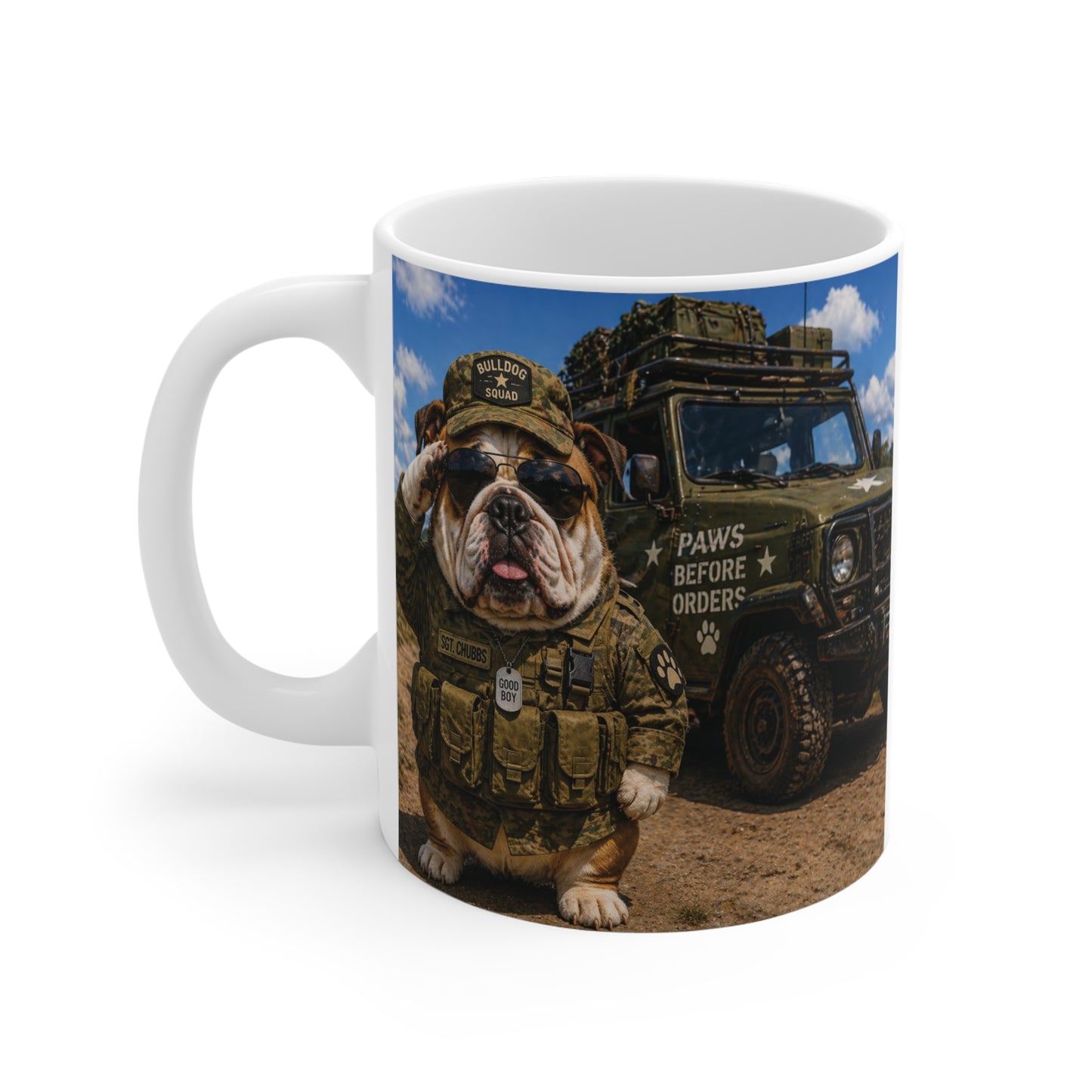 Army bulldog mug with “Paws Before Orders” text, humorous military dog design