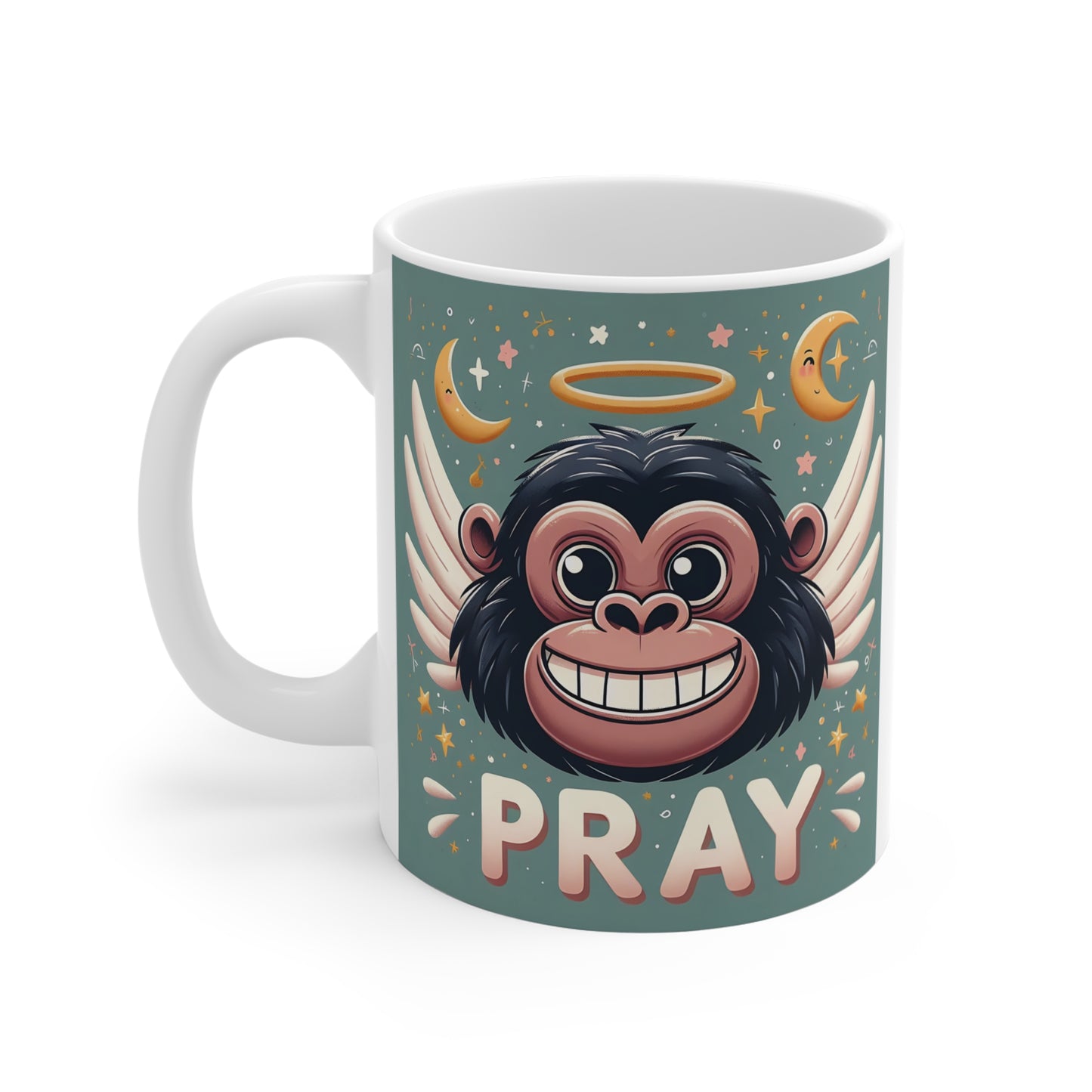 Cartoon angel gorilla pray mug with kawaii ape character, halo, and wings, unique motivational coffee cup gift for animal lovers