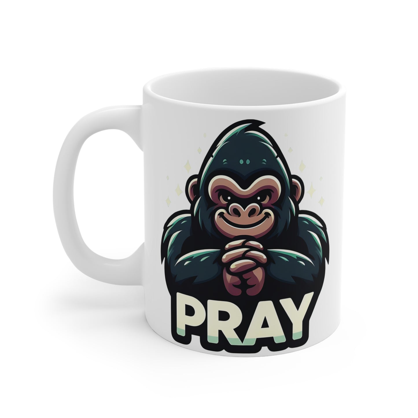 Cartoon gorilla pray mug with adorable ape character and bold typography, unique motivational coffee cup gift for animal lovers
