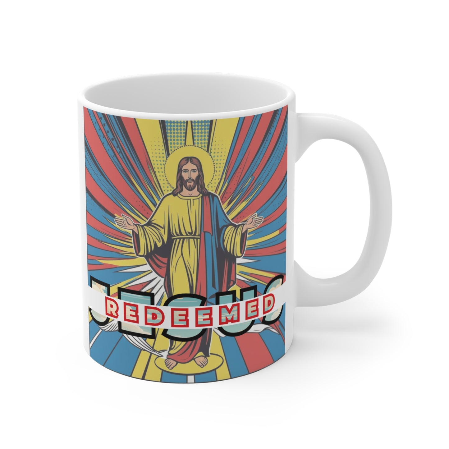 Christian mug with Jesus illustration and bold “Redeemed” message, spiritual gift for believers