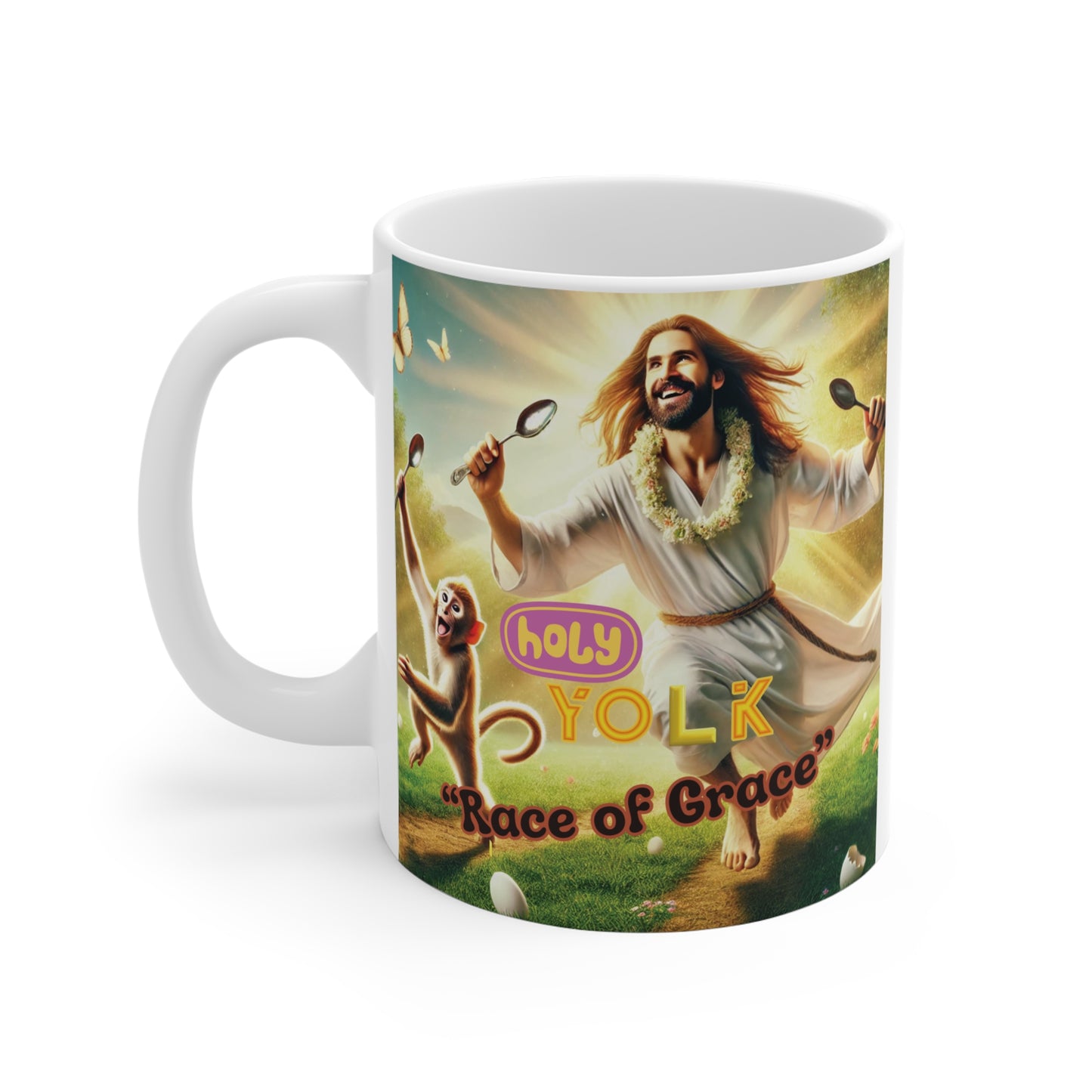 Cute parody mug with Jesus and monkey running in sunny landscape, ‘Holy Yolks’ pun and ‘Race of Grace’ text design