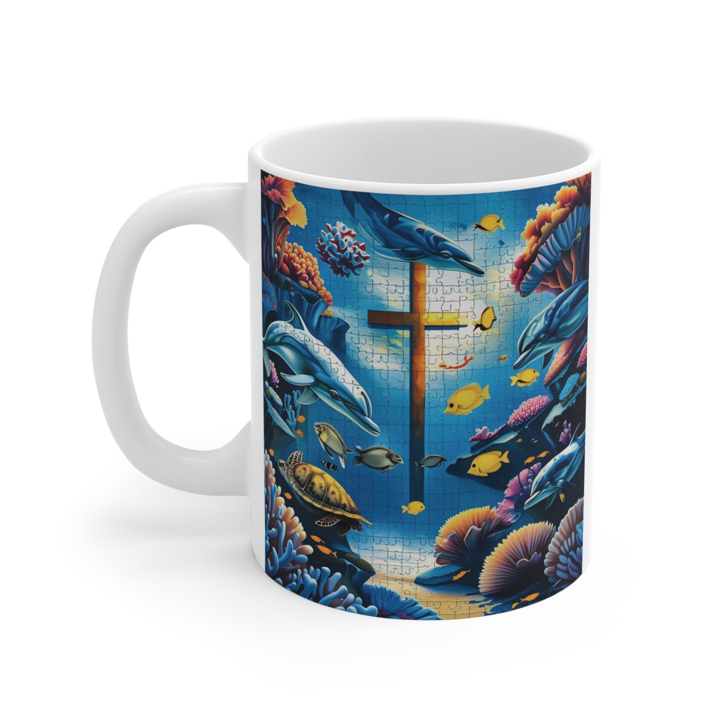 Religious ceramic coffee cup with artistic underwater cross design, Christian spiritual gift mug for coffee and tea lovers