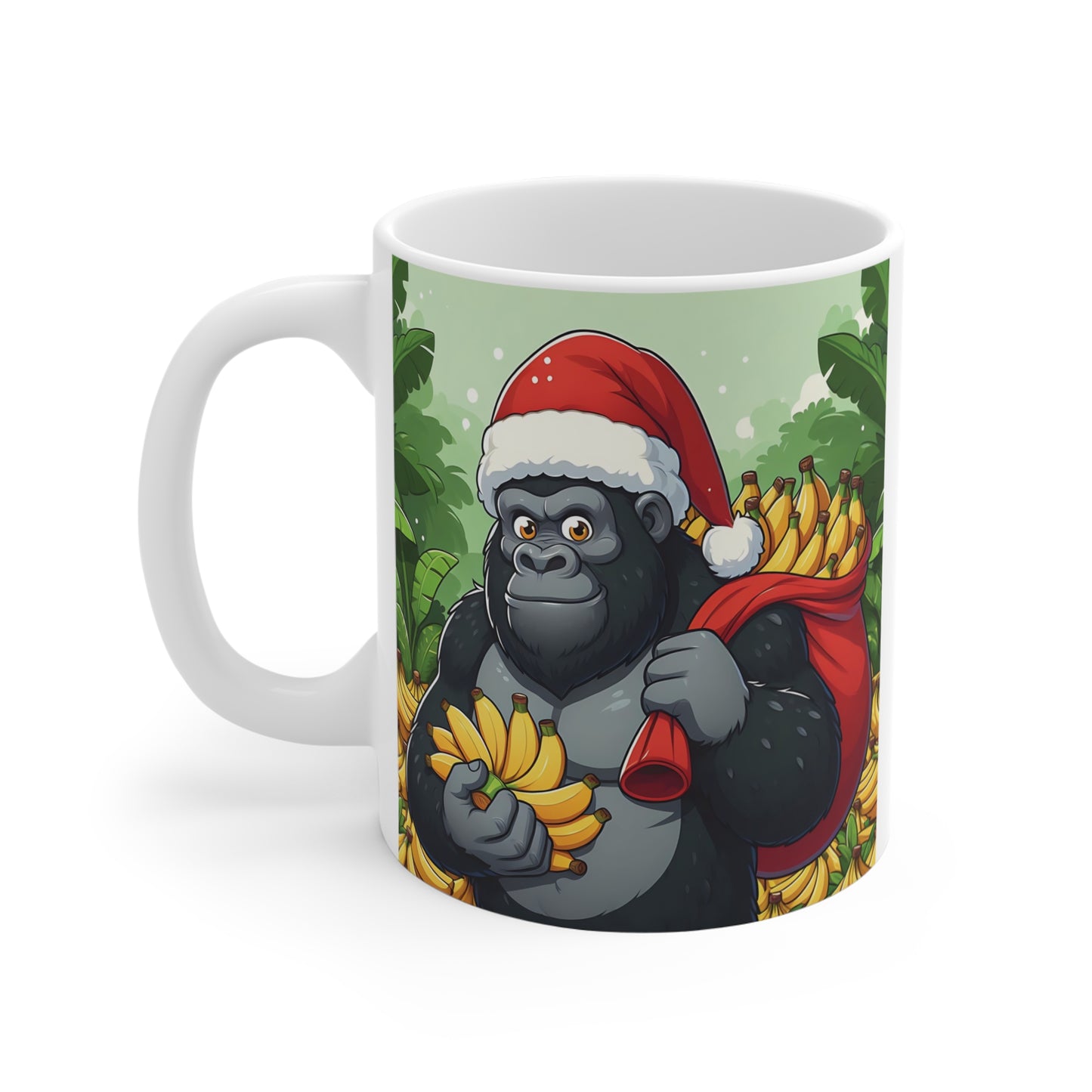 Adorable gorilla dressed as Santa Claus carrying bananas through a tropical rainforest, featured on a colorful ceramic coffee cup for the holiday season.