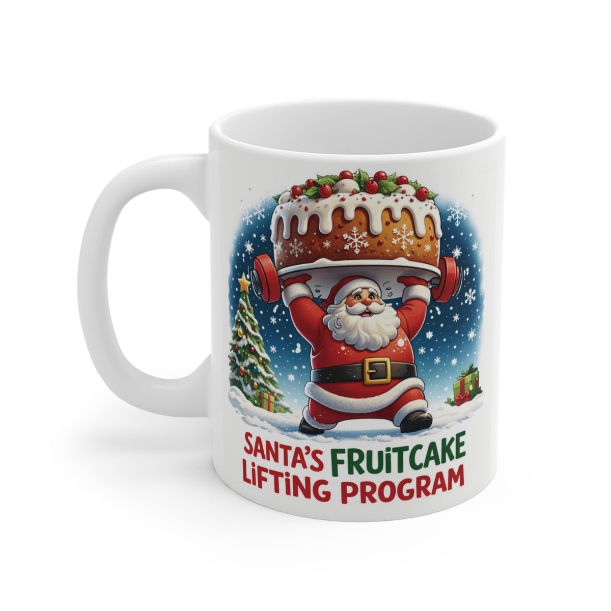 Christmas gym lover mug featuring Santa lifting a festive fruitcake overhead, humorous 11oz coffee cup for Secret Santa and holiday gifting.