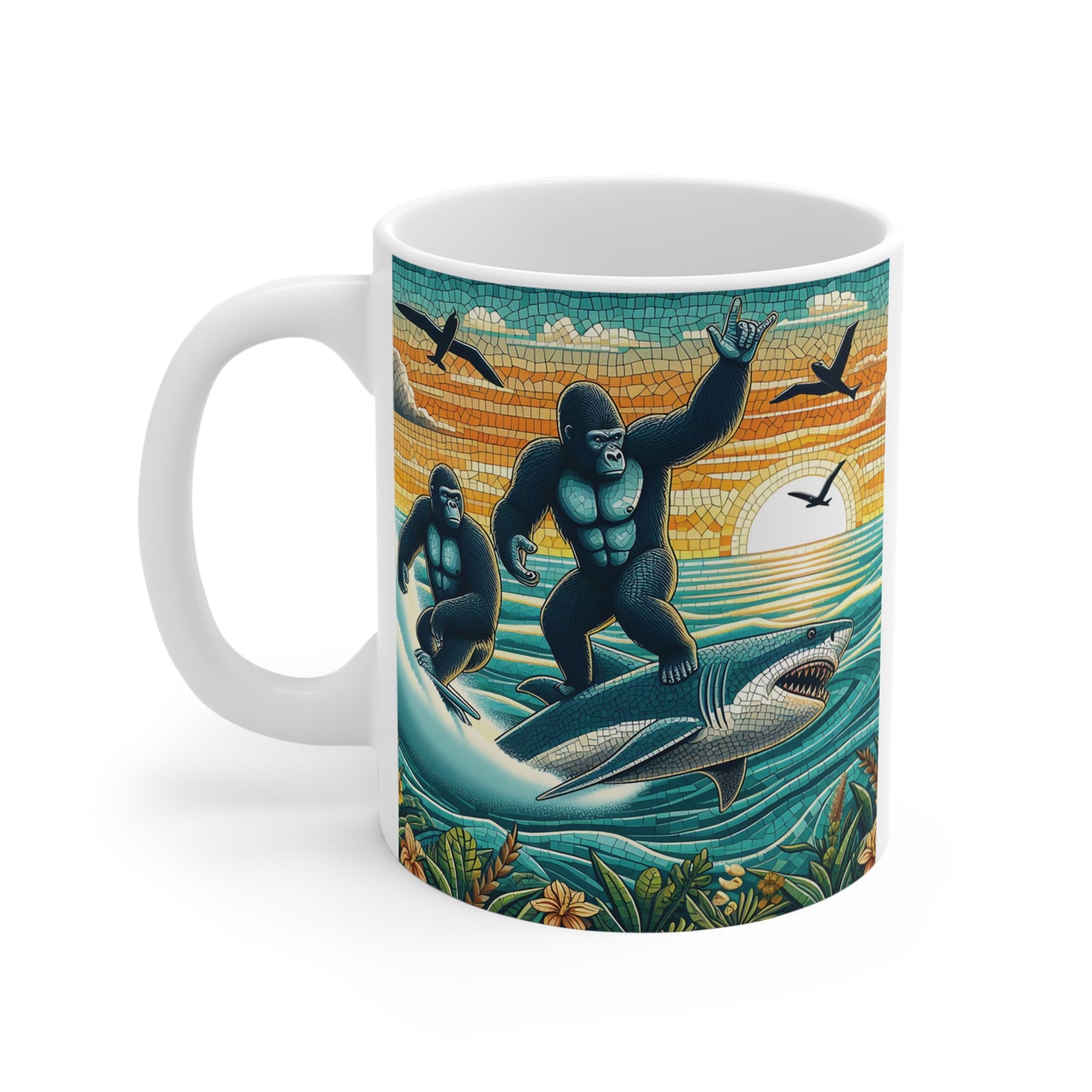 Cool gorilla surfing ocean waves on shark, bold tropical mosaic artwork, creative coffee mug gift idea”