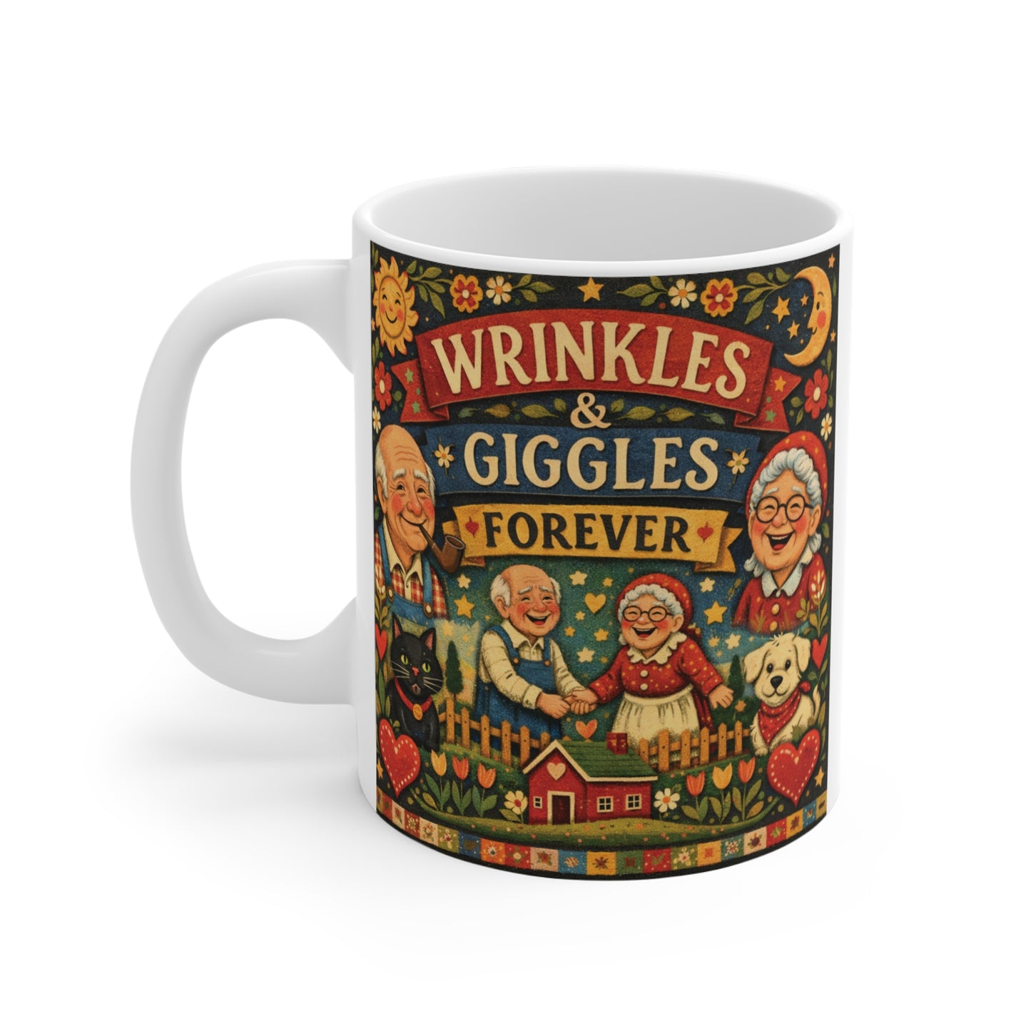Rustic ceramic mug featuring vintage folk art couple illustration and heartfelt grandparents gift design