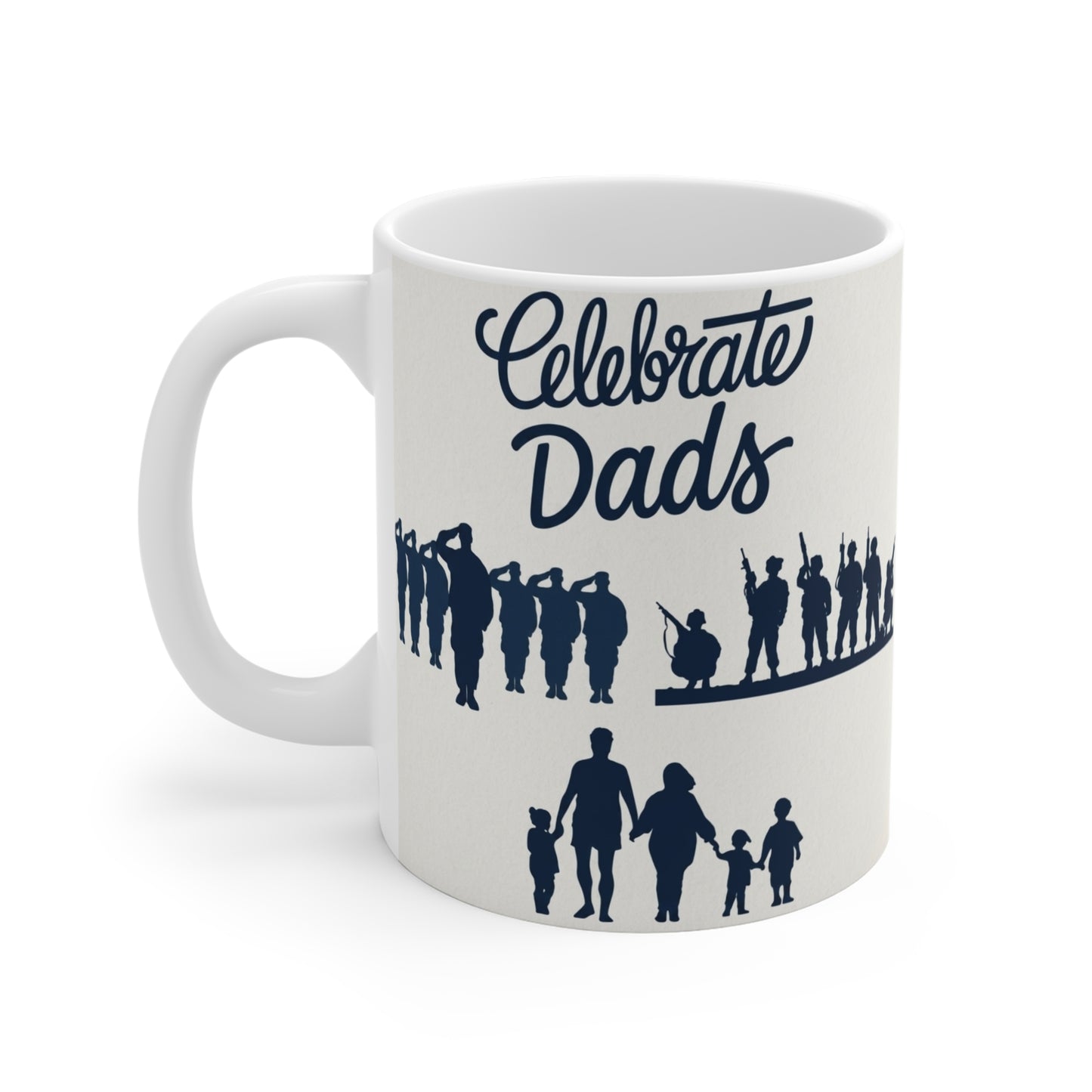 White ceramic dad coffee mug featuring “Celebrate Dads” text and family silhouettes, perfect gift for Father’s Day or dad birthday