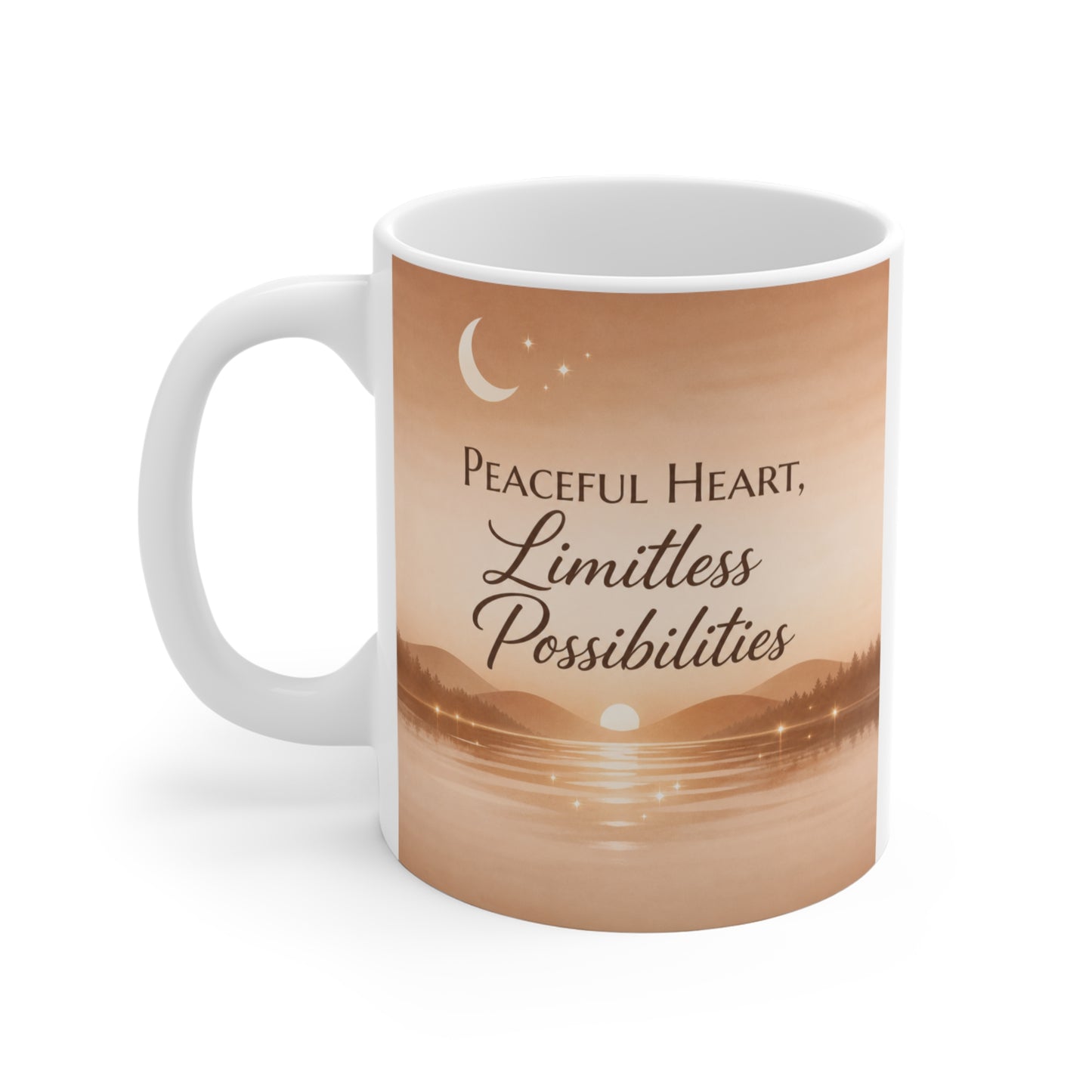 inspirational coffee mug with peaceful heart quote, minimalist warm tone design, relaxing gift for meditation and positivity lovers