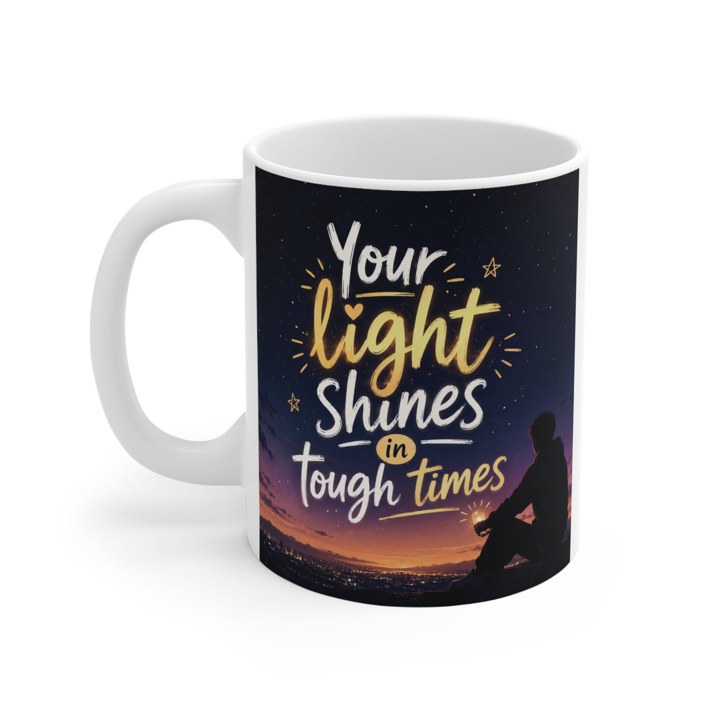 Positive affirmation coffee cup with handwritten typography and calming evening landscape design
