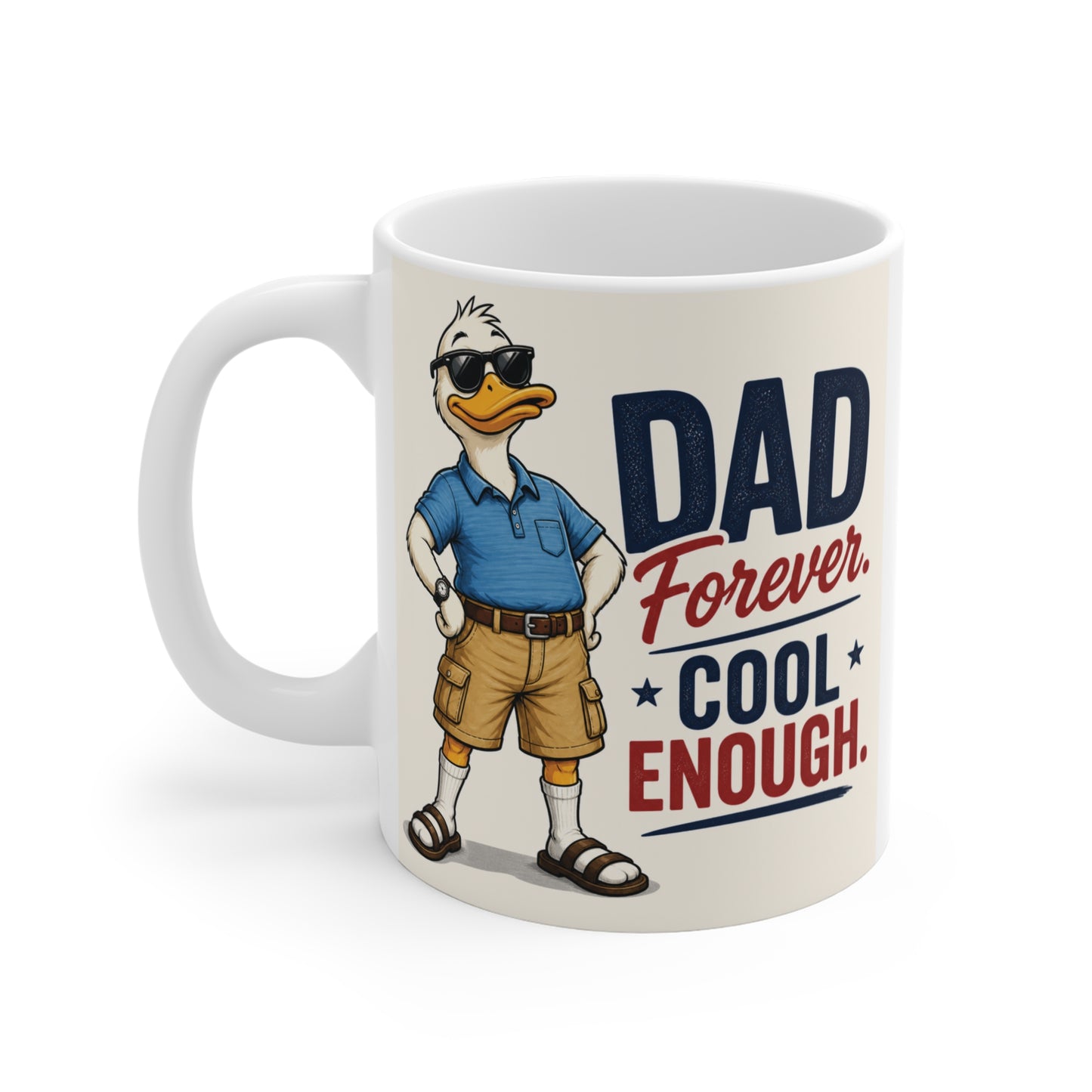 Unique Father’s Day gift mug featuring stylish cartoon duck dad in cargo shorts and humorous cool dad quote