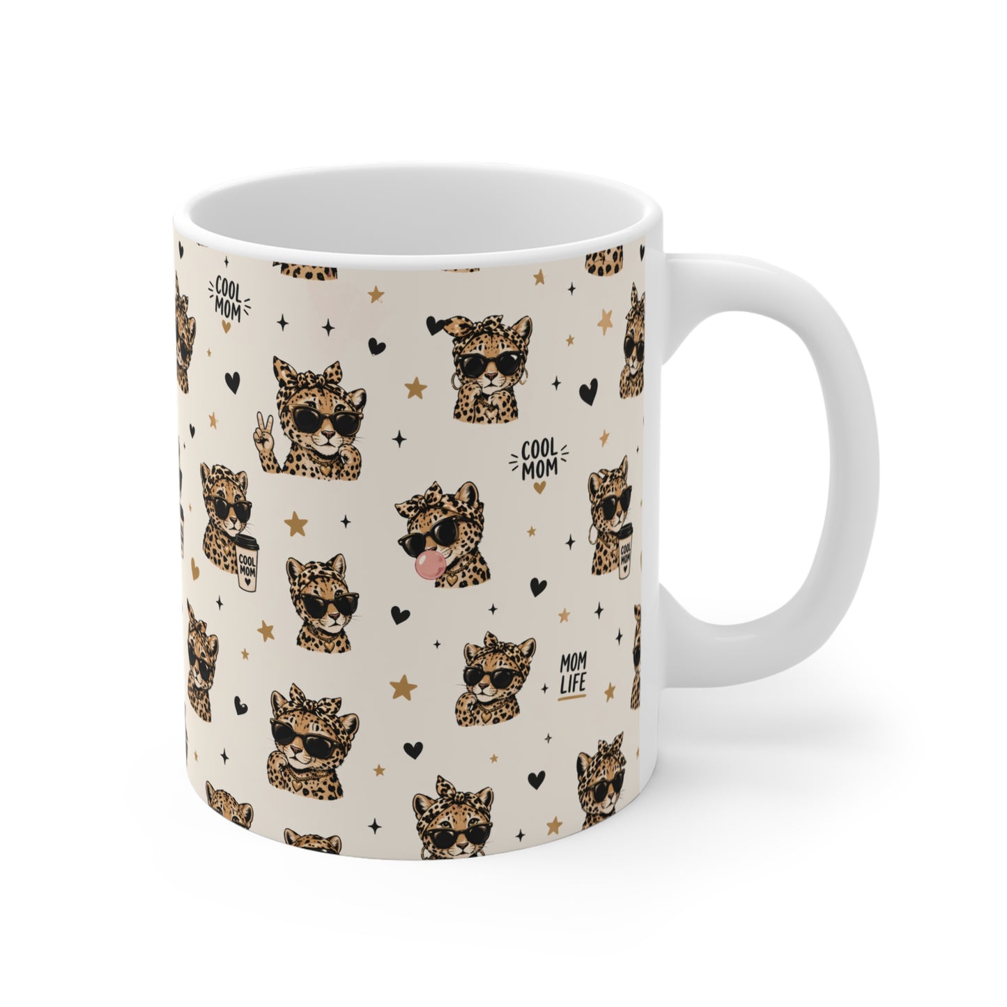 funny mom life coffee mug with repeating leopard faces and hearts, trendy gift for moms 11oz white ceramic cup