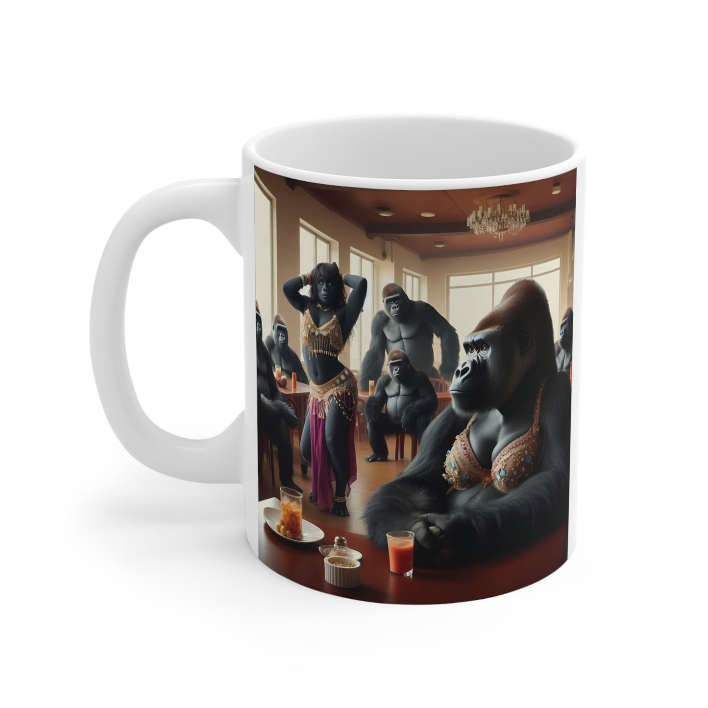 Novelty 11oz mug with gorilla belly dance artwork, funny animal fantasy scene, and bold coffee cup design