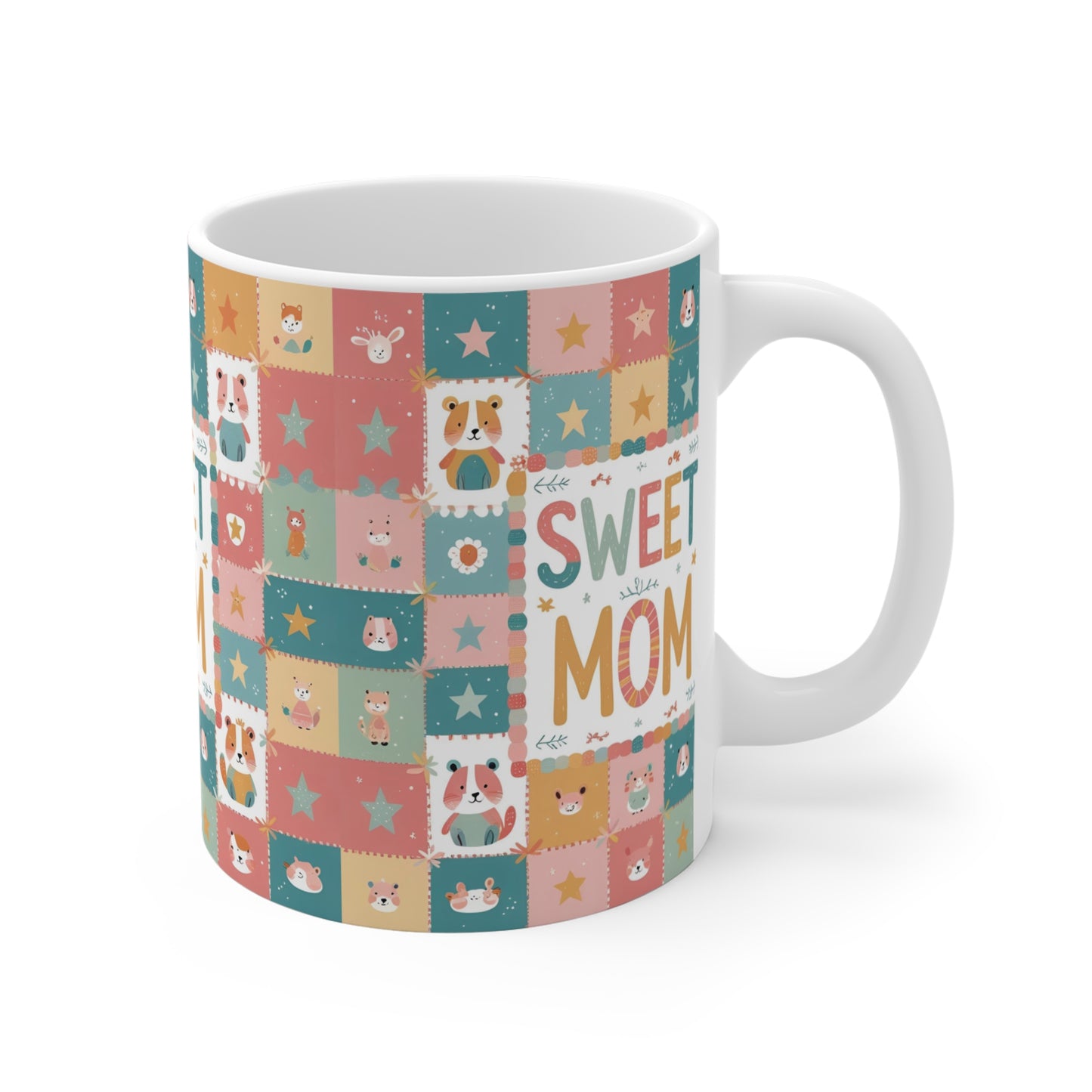 Cute gift for mom mug with Sweet Mom text and playful dog pattern, perfect for dog lover moms