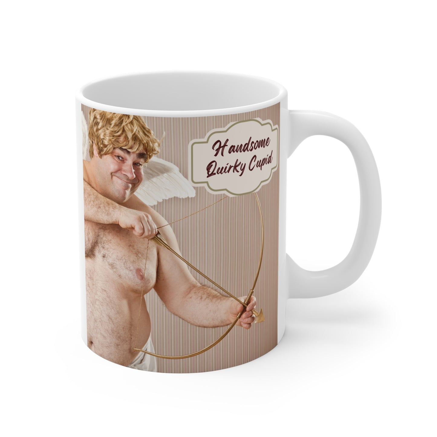 Funny cupid mug with quirky cupid man holding bow and arrow, ‘Handsome Quirky Cupid’ humorous Valentine’s gift design