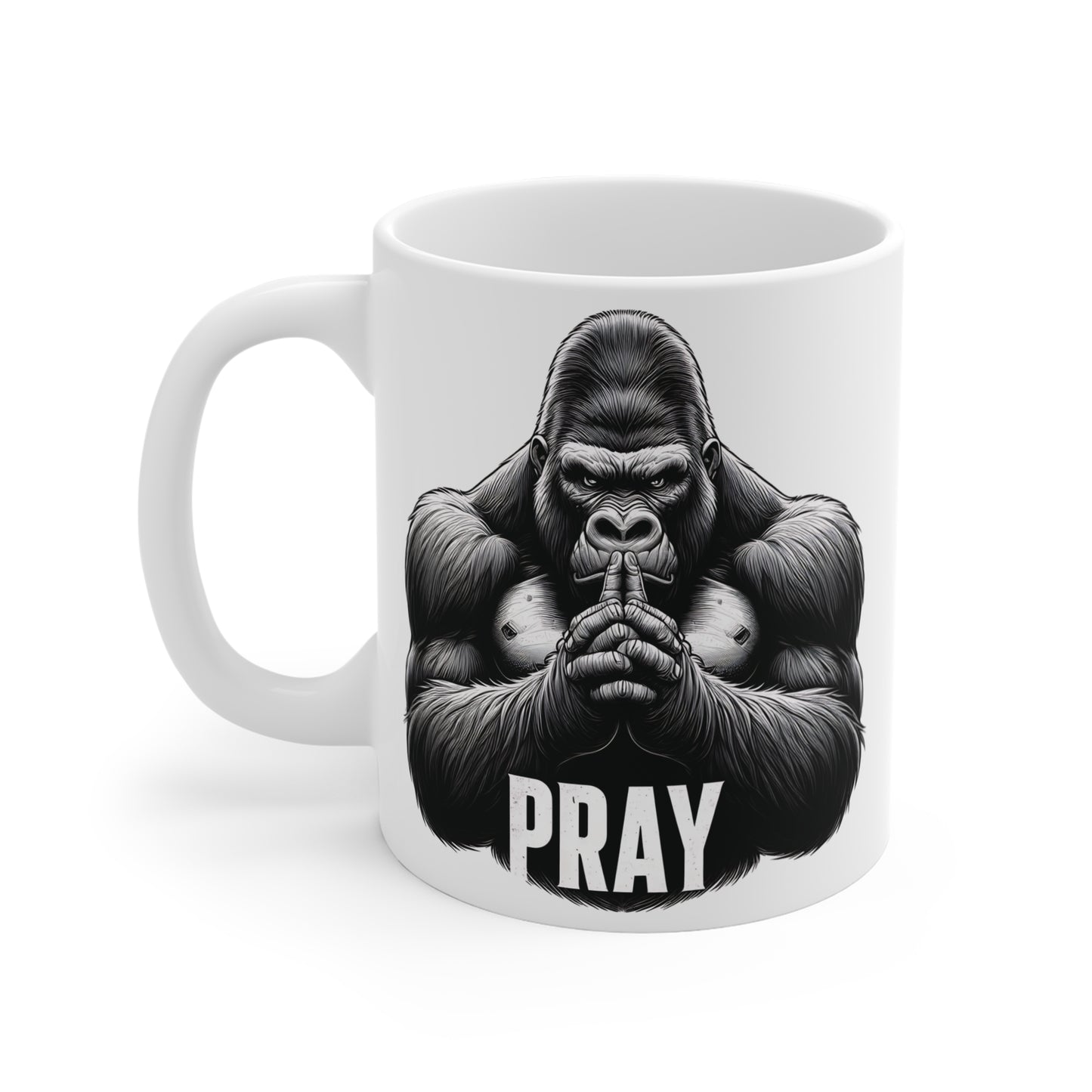 Inspirational gorilla prayer coffee mug featuring detailed ape illustration and spiritual “PRAY” message, unique gift for believers and animal lovers