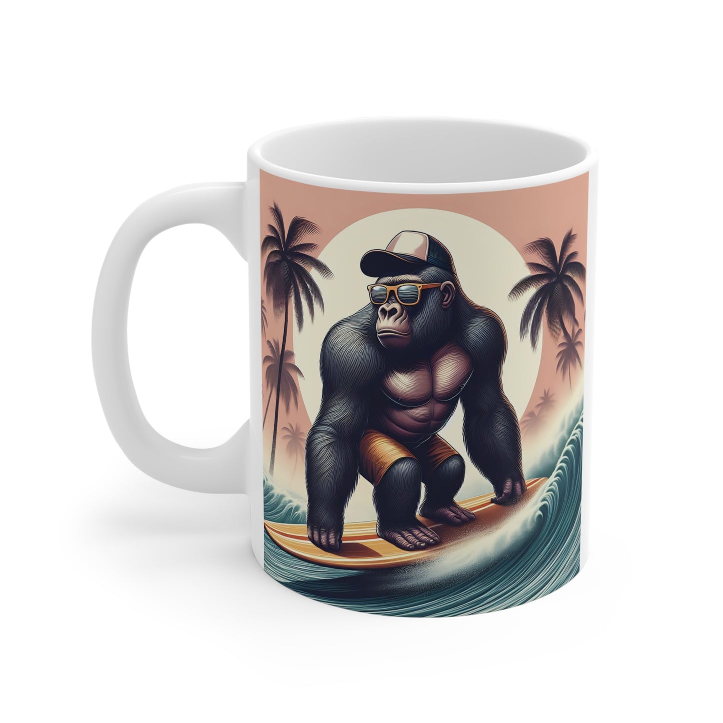 Retro tropical gorilla surfing mug with stylish ape in sunglasses riding waves, perfect for surfers and animal lovers.