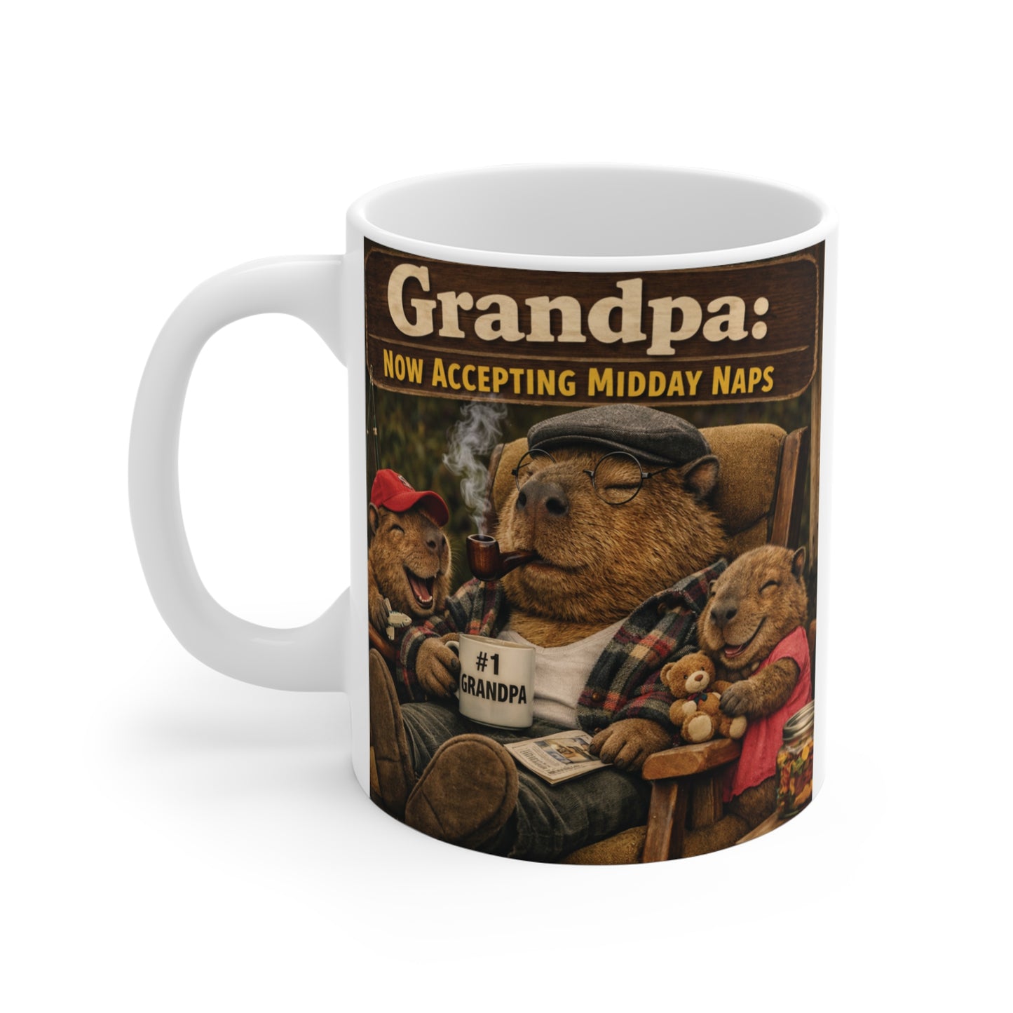 White ceramic 11oz mug featuring a charming beaver grandpa relaxing in an armchair with a funny midday naps slogan, great gift for grandpa coffee lovers.