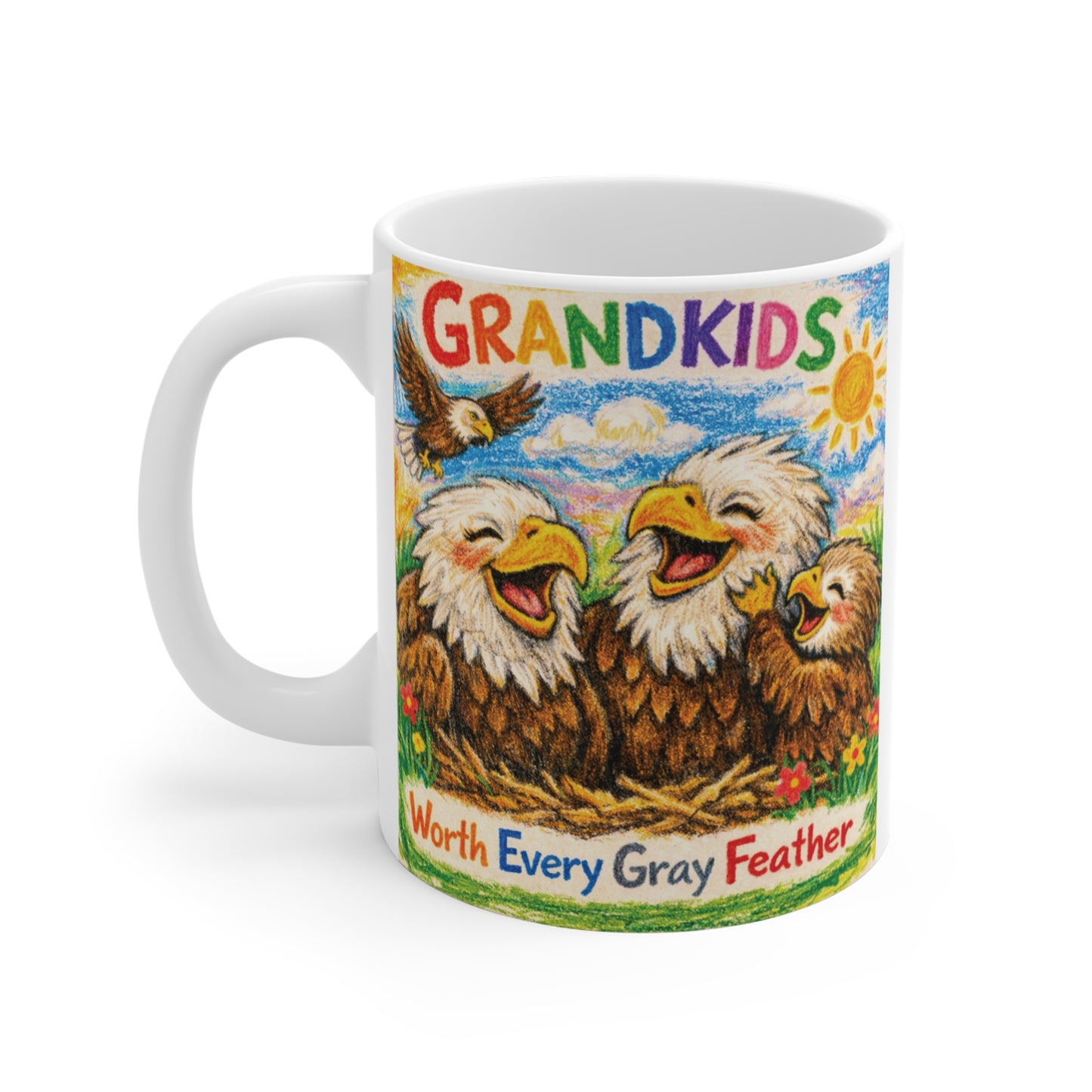 Colorful 11oz ceramic mug featuring adorable eagle grandparents with grandkid, crayon-style artwork, and "Grandkids Worth Every Gray Feather" saying, ideal gift for proud grandparents.