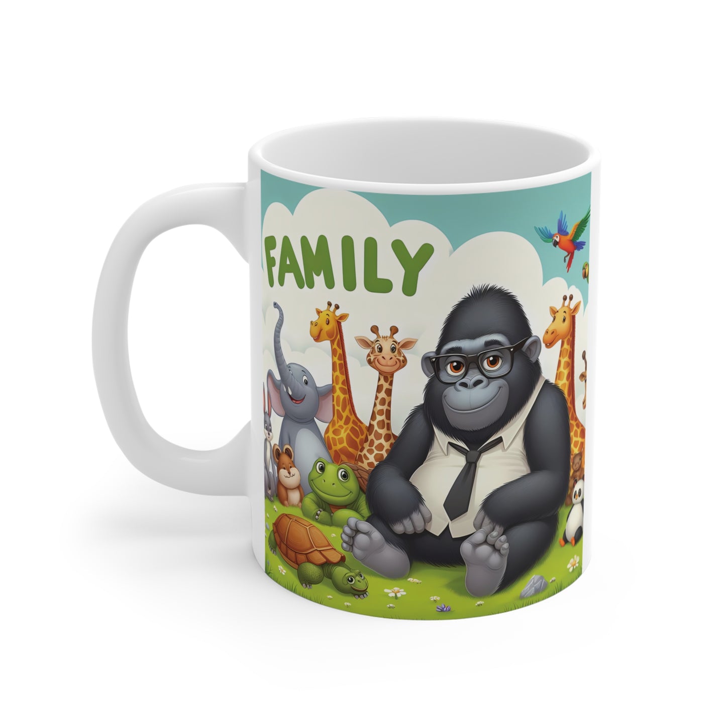 Whimsical animal family mug showing a gorilla alongside giraffes, an elephant, a turtle, a frog, and tropical birds, designed for family and animal lovers.