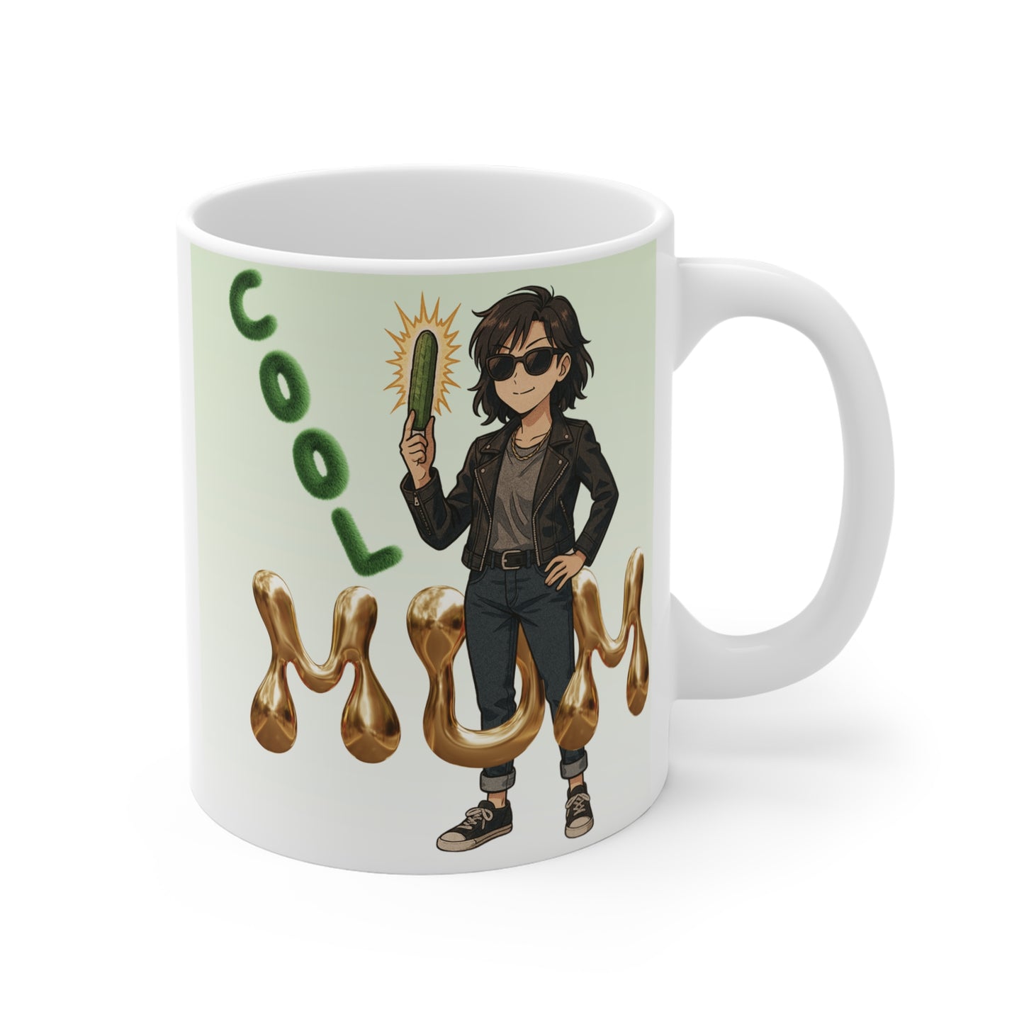 Funny cool mom gift mug with fashionable cartoon character, leather jacket style and bold gold mom typography