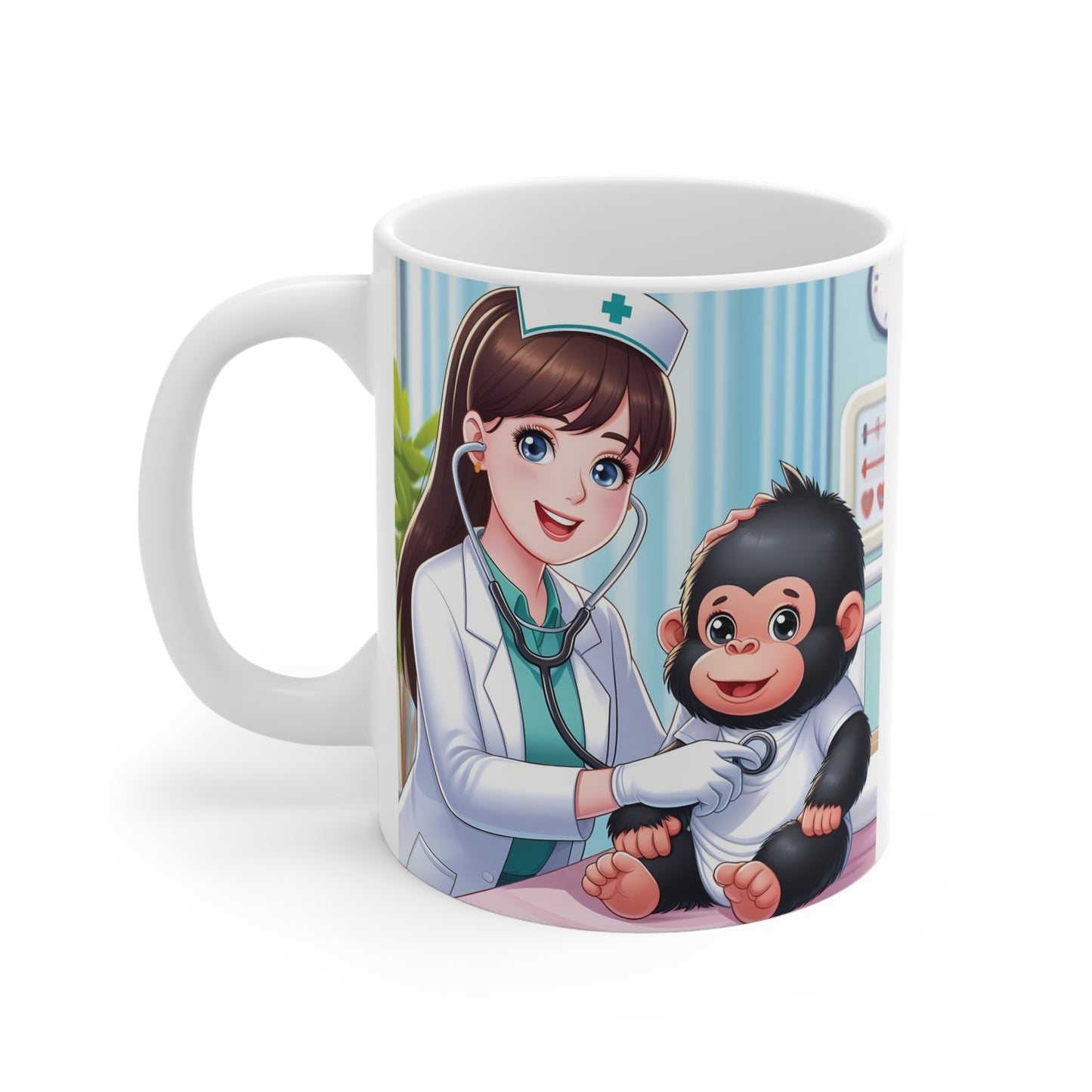 Adorable doctor and baby gorilla illustration mug, healthcare themed gift for nurses and animal lovers