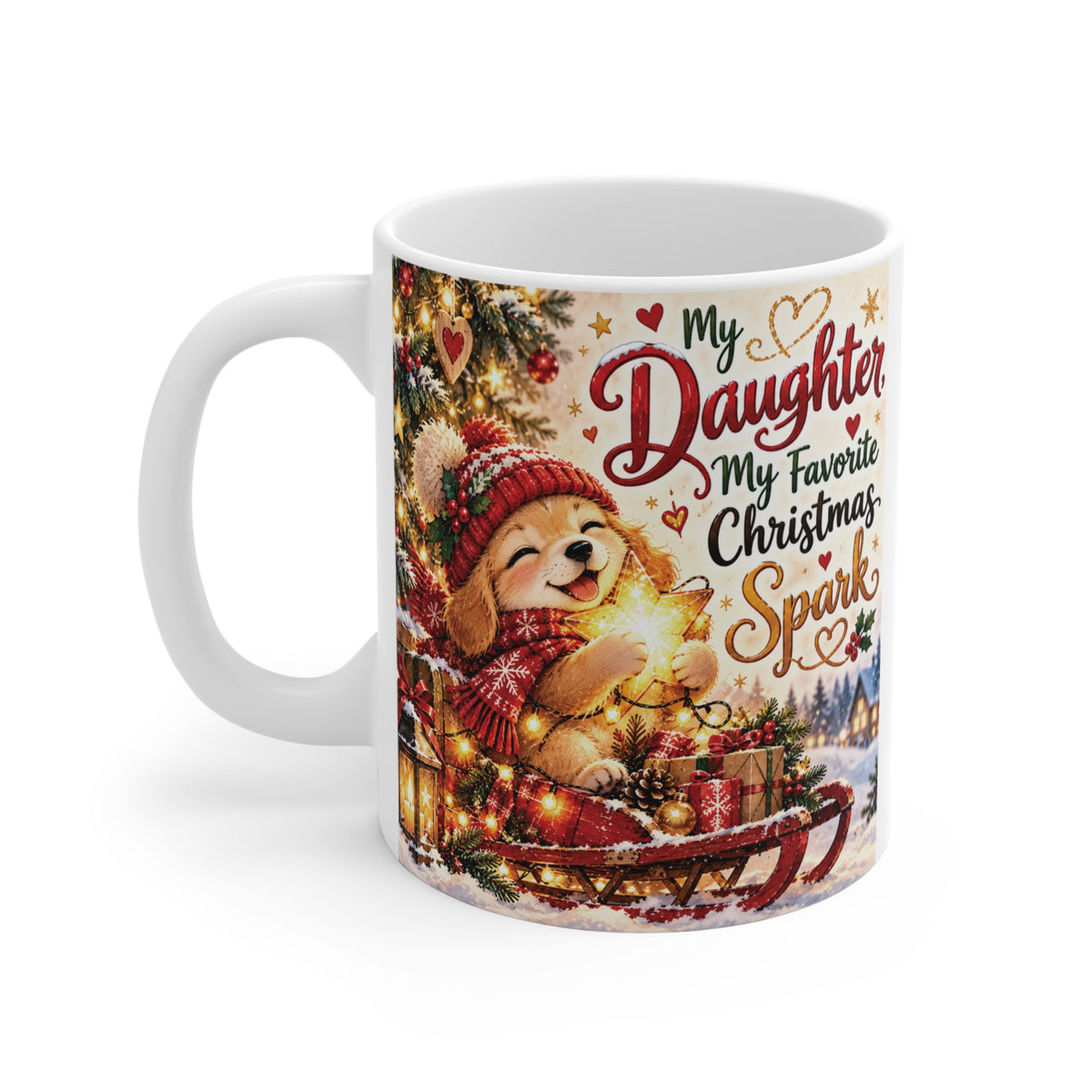 White 11oz Christmas coffee mug featuring a cheerful puppy in a knitted winter hat, colorful holiday decorations and a sweet Christmas message for daughter.