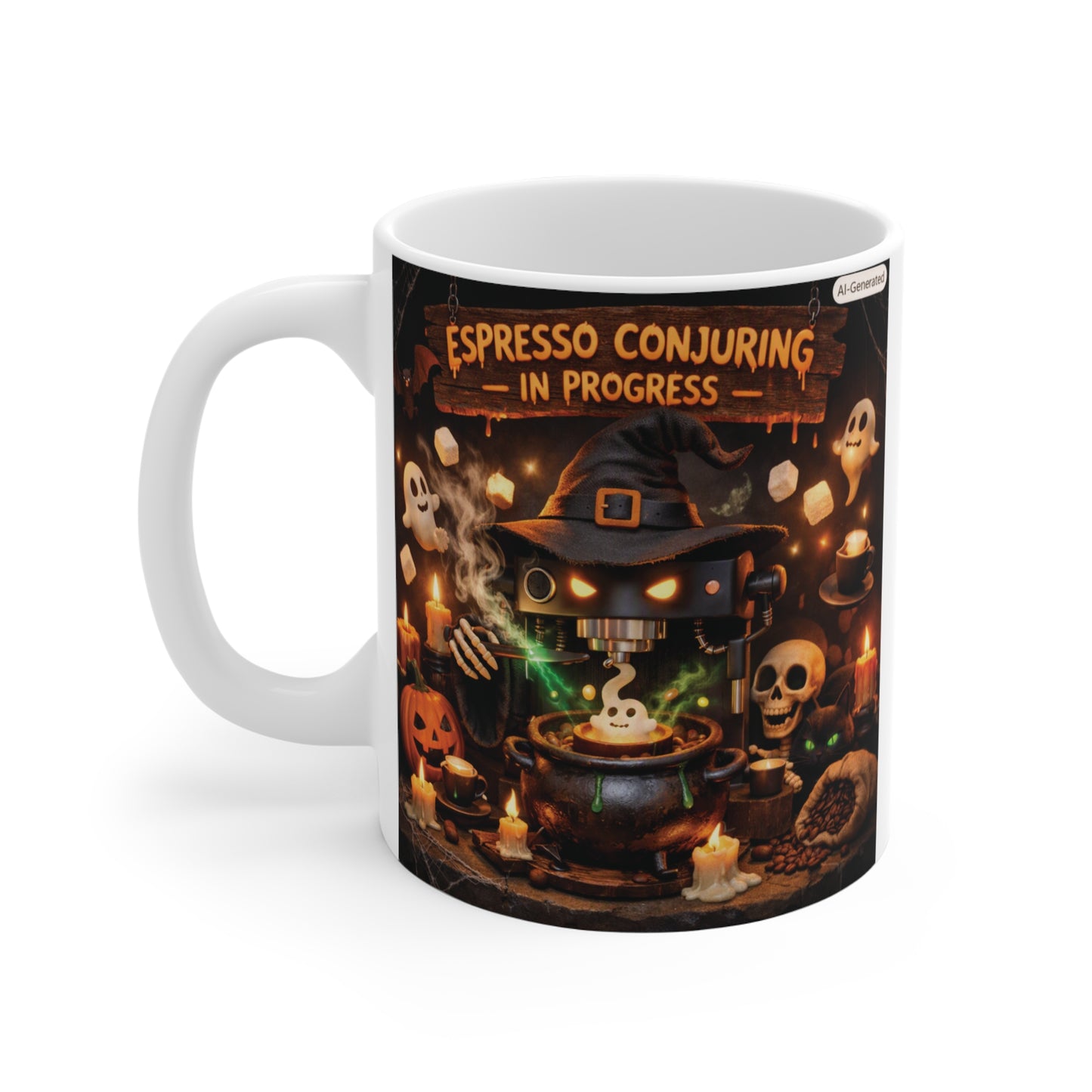 11oz ceramic Halloween coffee mug with witchy espresso brewing illustration and "Espresso Conjuring In Progress" text.