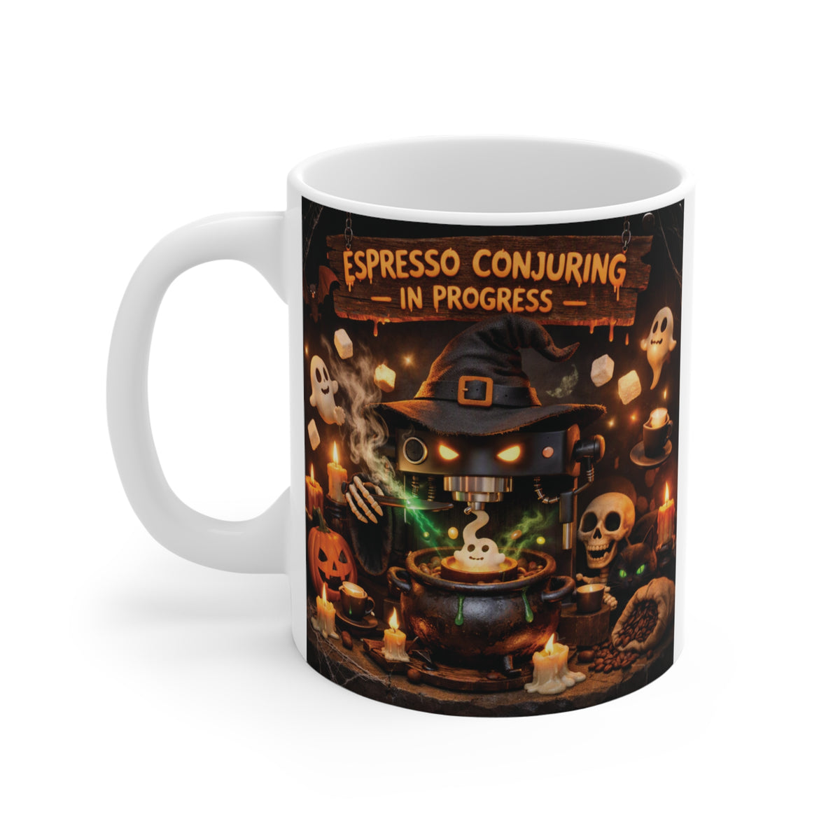 11oz ceramic Halloween coffee mug with witchy espresso brewing illustration and "Espresso Conjuring In Progress" text.