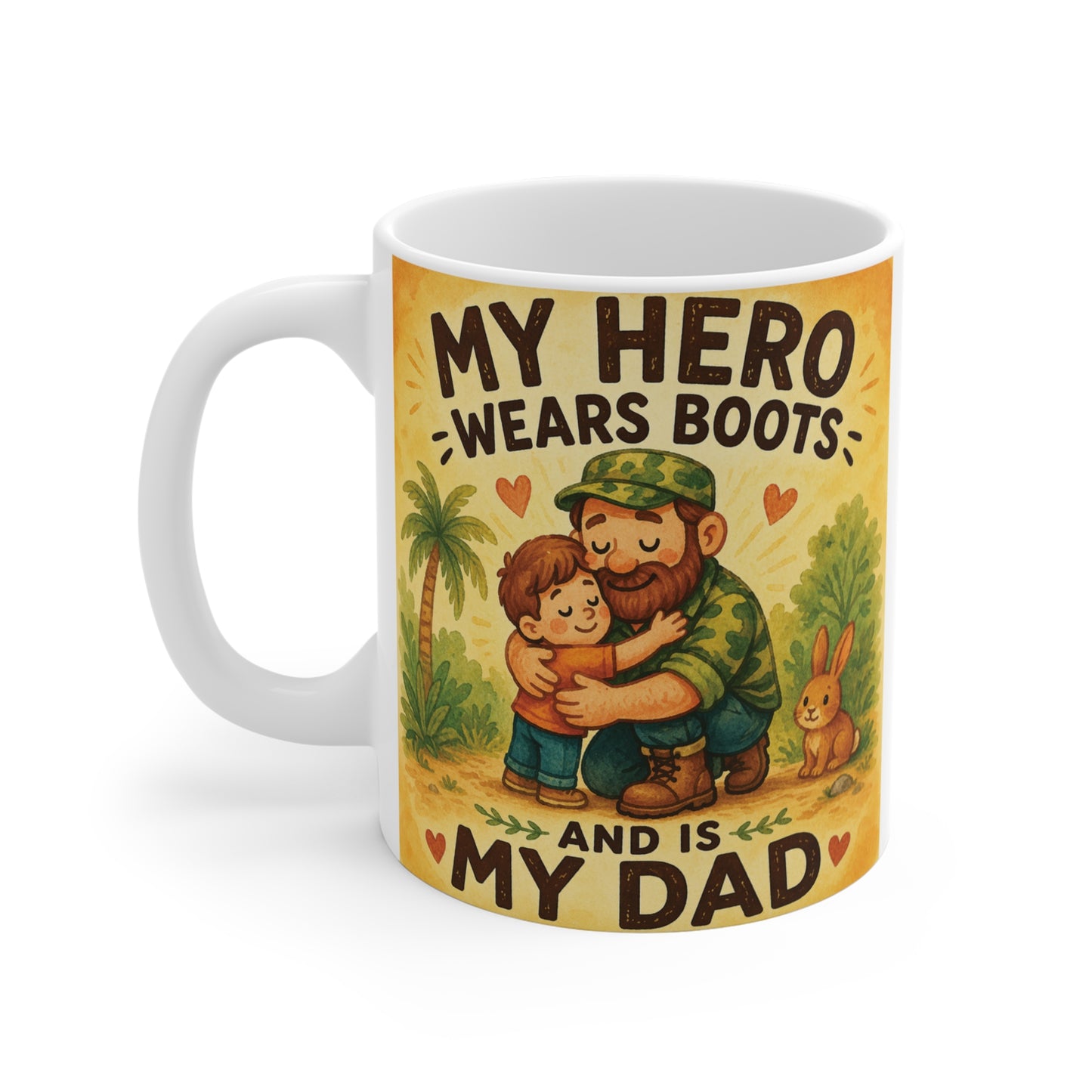 Cute dad coffee mug from kids featuring loving hug illustration, perfect gift for military or hardworking dad, Father’s Day mug