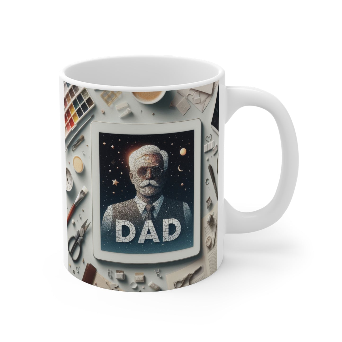 Unique Father’s Day coffee mug featuring retro dad portrait with stars and tools background