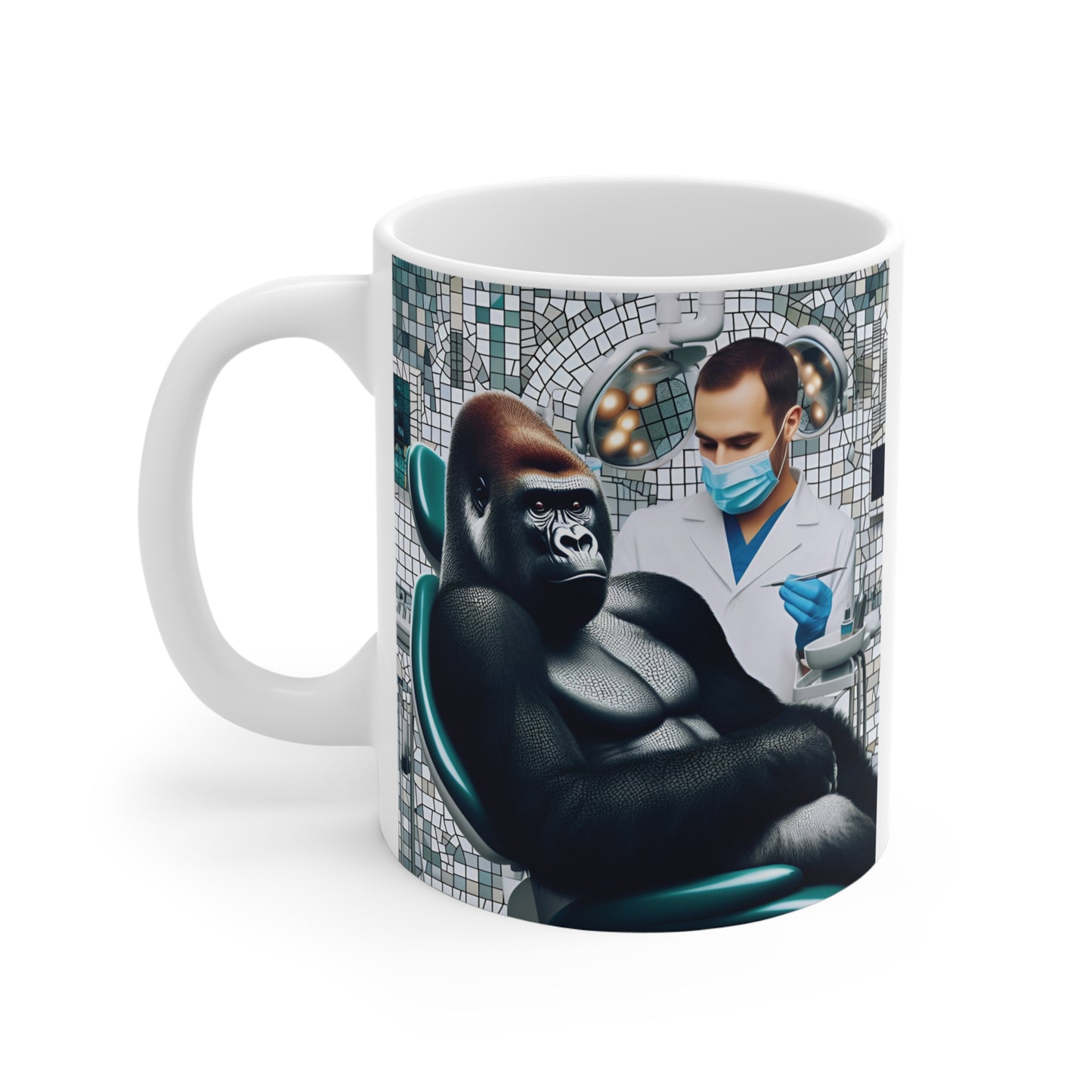 Creative dental-themed mug featuring strong gorilla patient and professional dentist – funny healthcare coffee cup for dentists and animal lovers