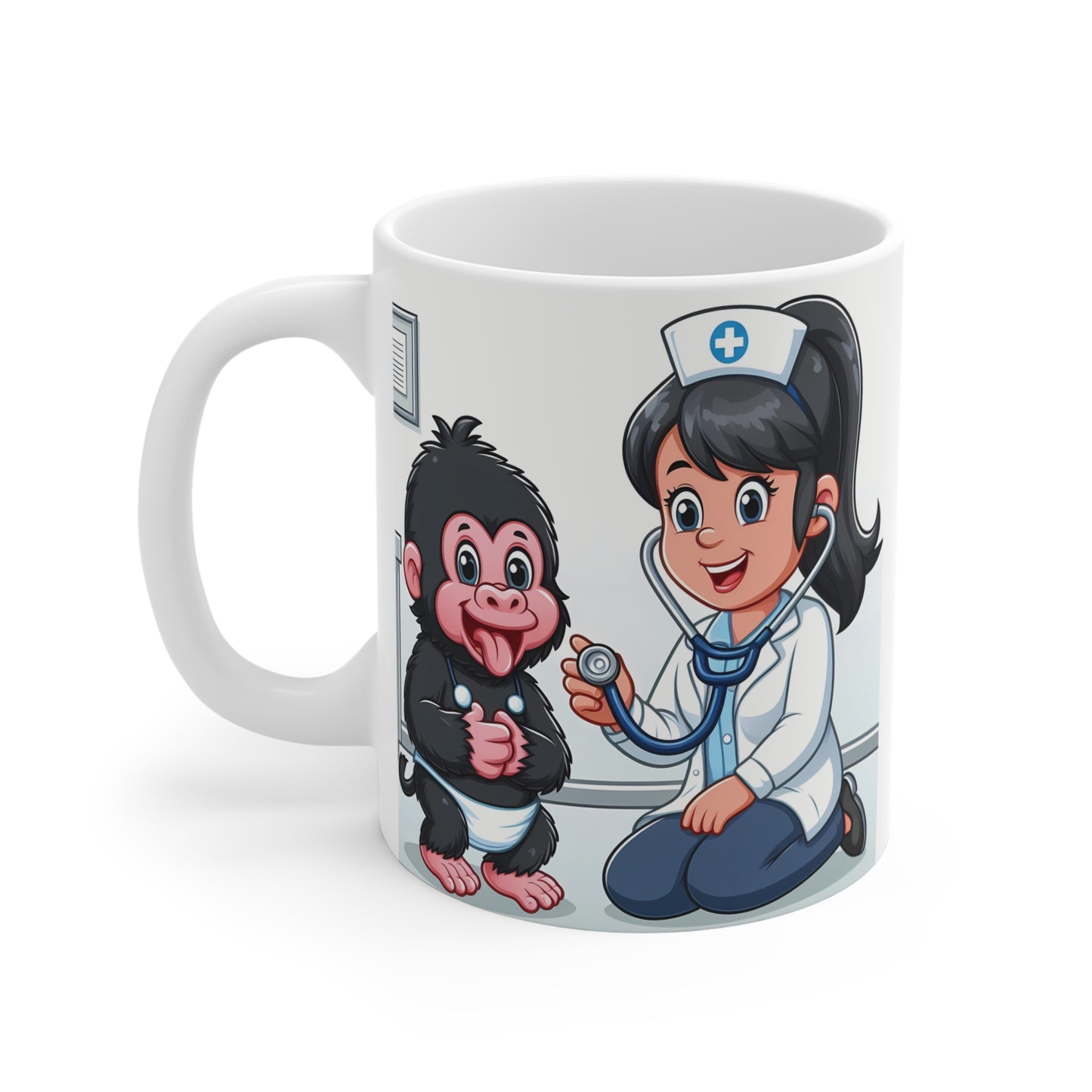 Funny medical-themed mug featuring kawaii nurse and playful gorilla character – cute nurse gift coffee mug for women healthcare professionals
