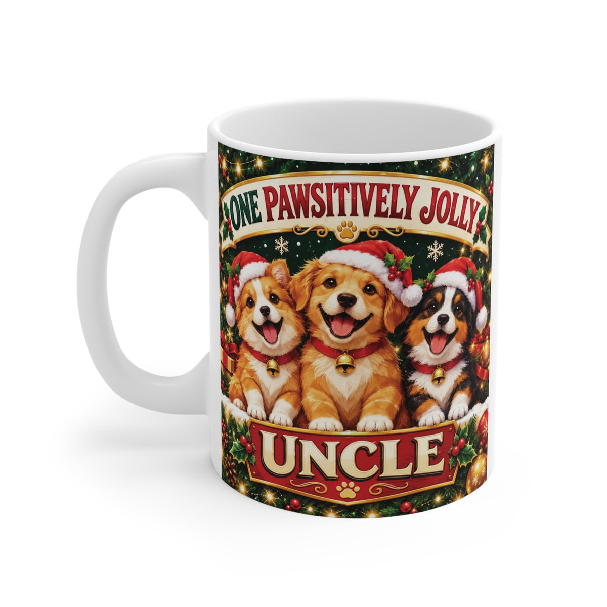 Cute dog lover Christmas mug for uncle with three happy holiday dogs, festive red and green decorations, and One Pawsitively Jolly Uncle text on an 11oz ceramic cup.