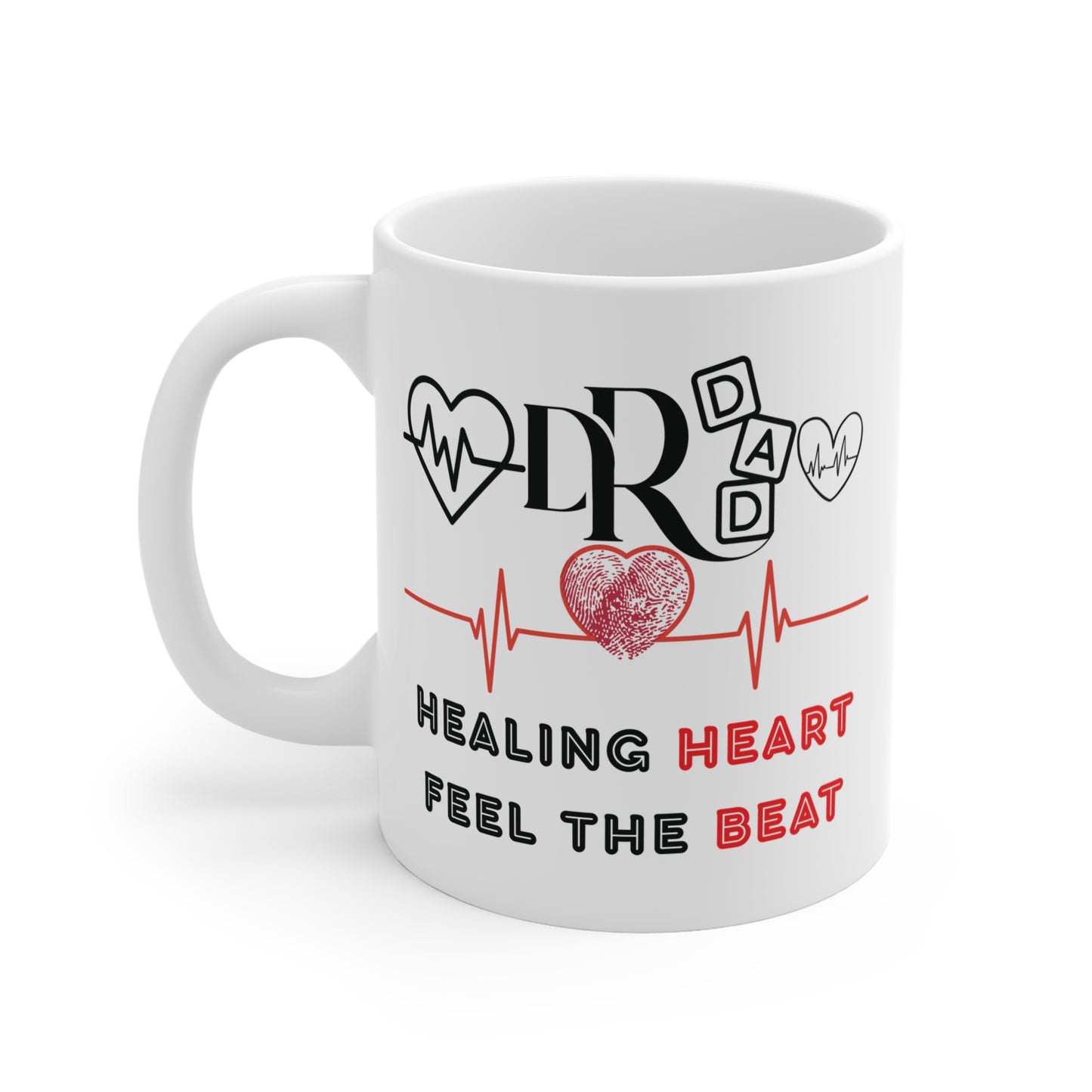 DR DAD coffee mug featuring heartbeat line and heart graphic, perfect gift for doctor dad and medical professional