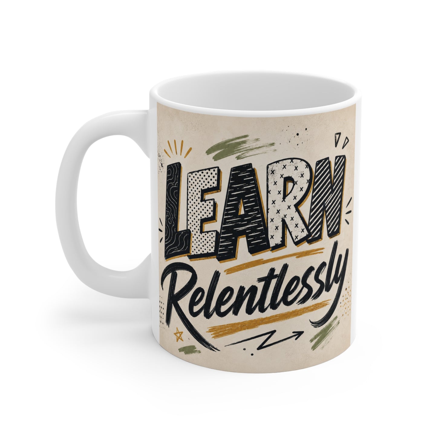 Modern typography coffee mug for students and lifelong learners with motivational quote
