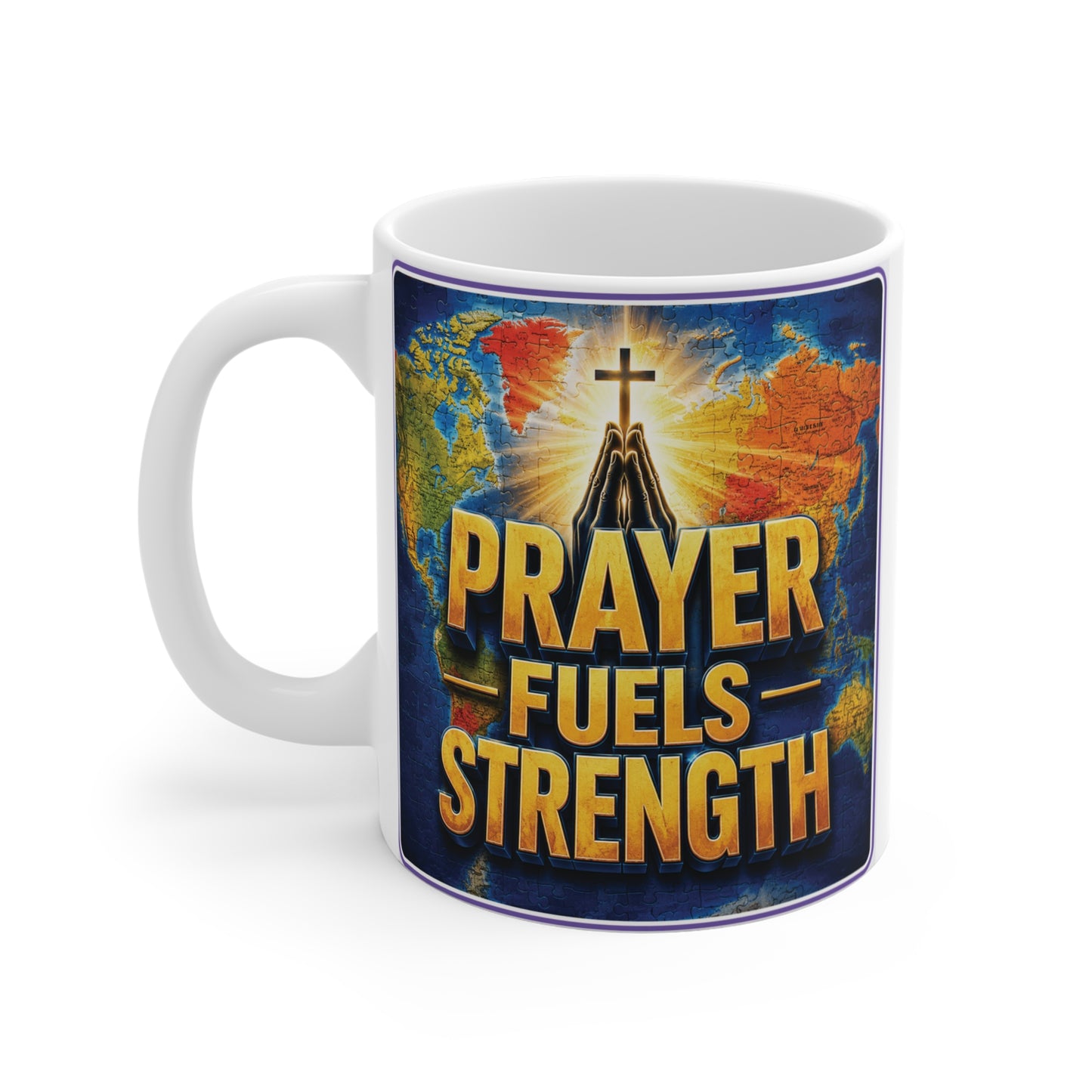 Religious ceramic mug with world map background and Christian prayer message