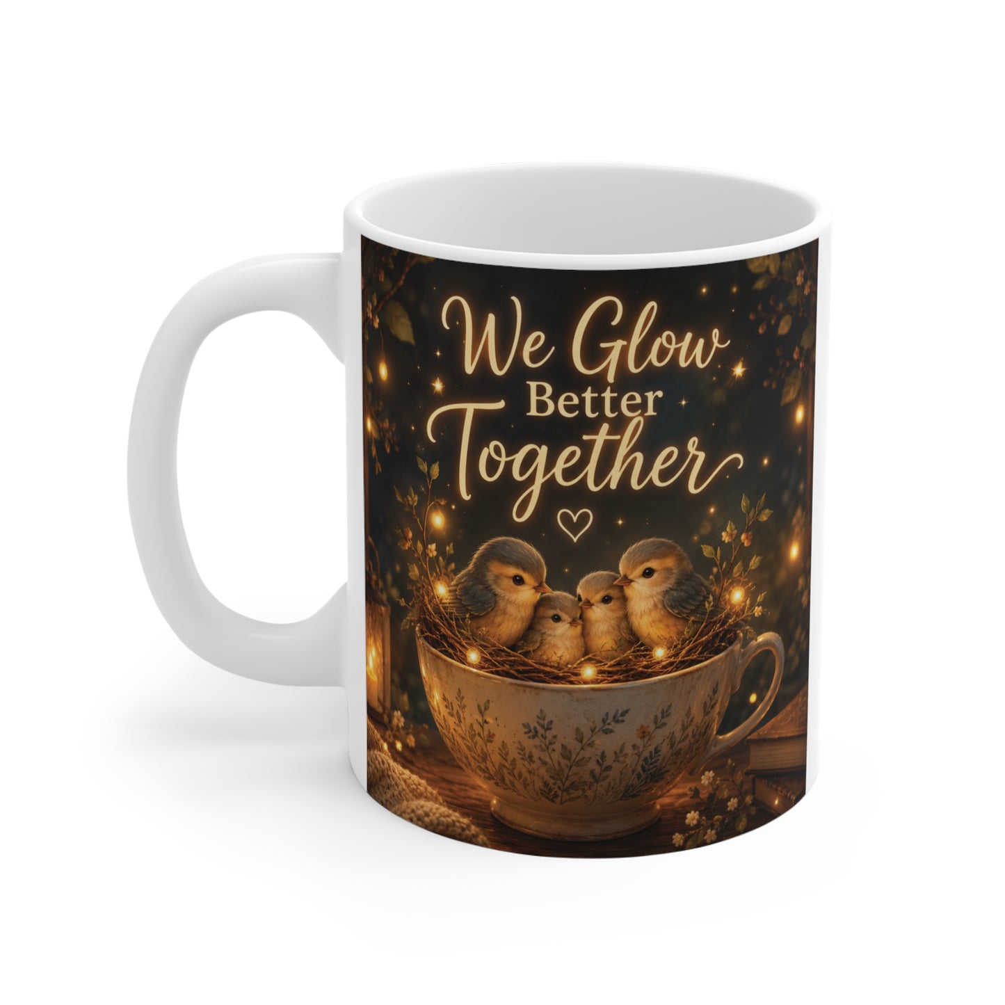 Heartwarming family themed 11oz mug with golden glow artwork and uplifting typography