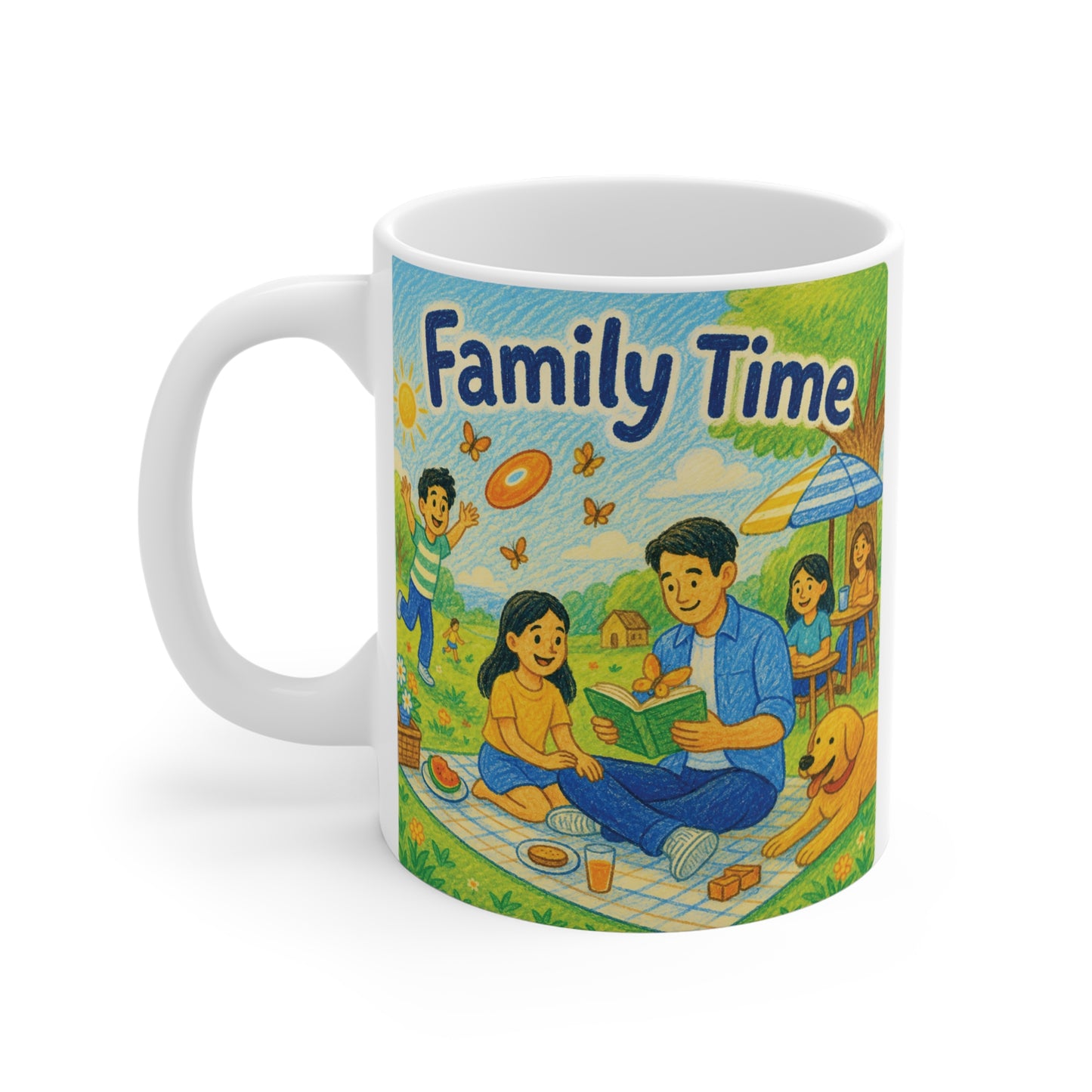 Wholesome Family Time ceramic mug for coffee and tea featuring cozy family picnic illustration in vibrant colors
