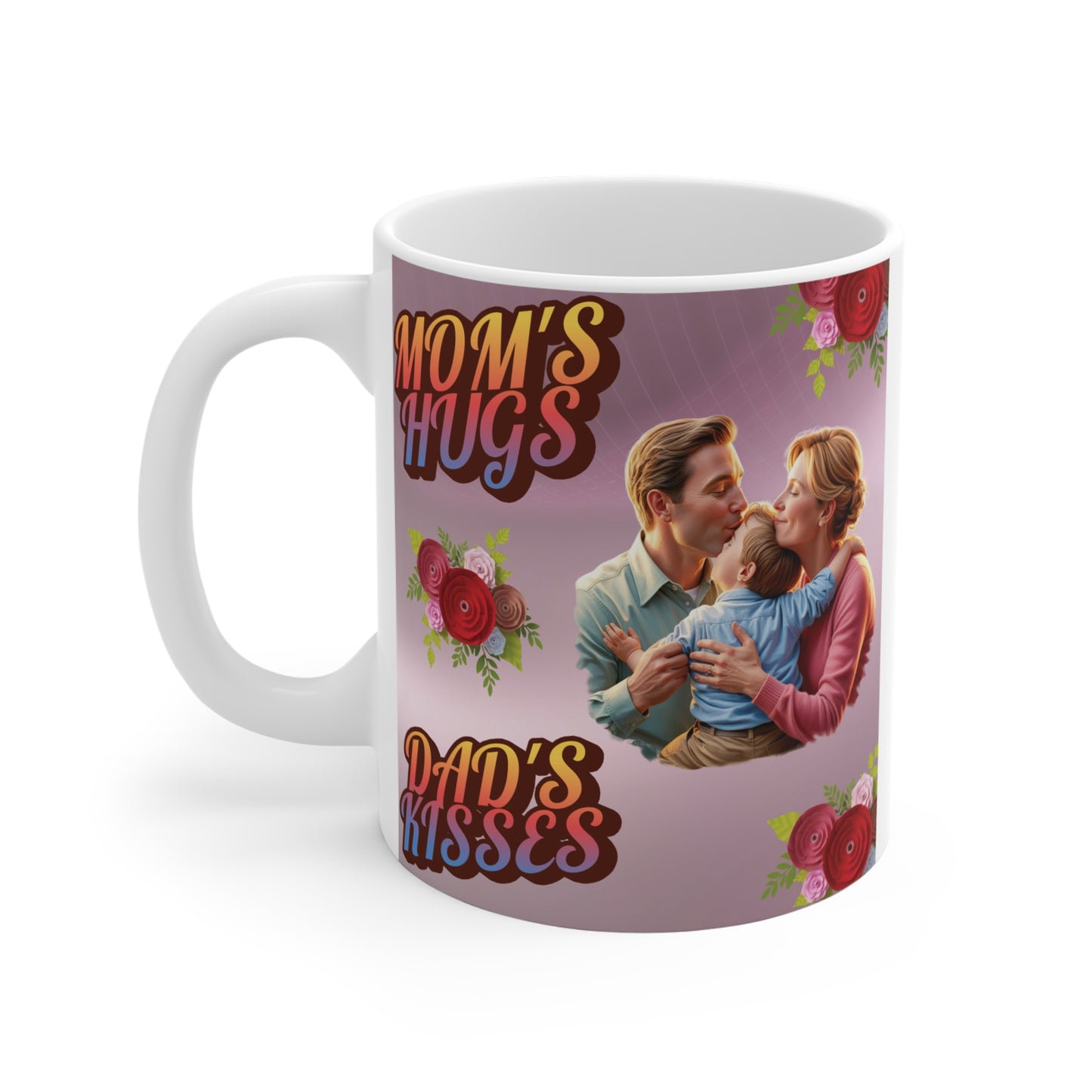 Heartwarming family mug with parents and child artwork, romantic typography and gift idea for mom and dad