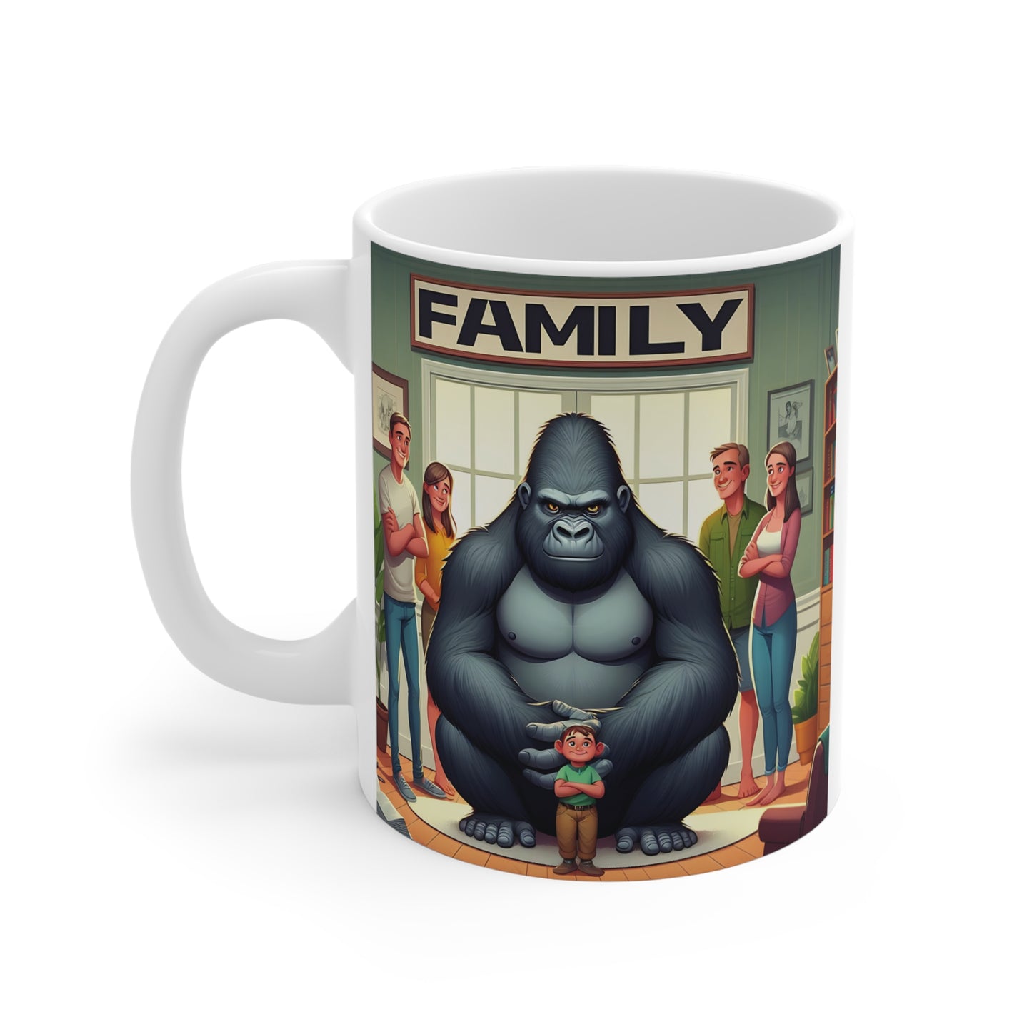 Powerful gorilla seated in a family living room with smiling relatives and a child, beneath the word "FAMILY" on a ceramic coffee mug.