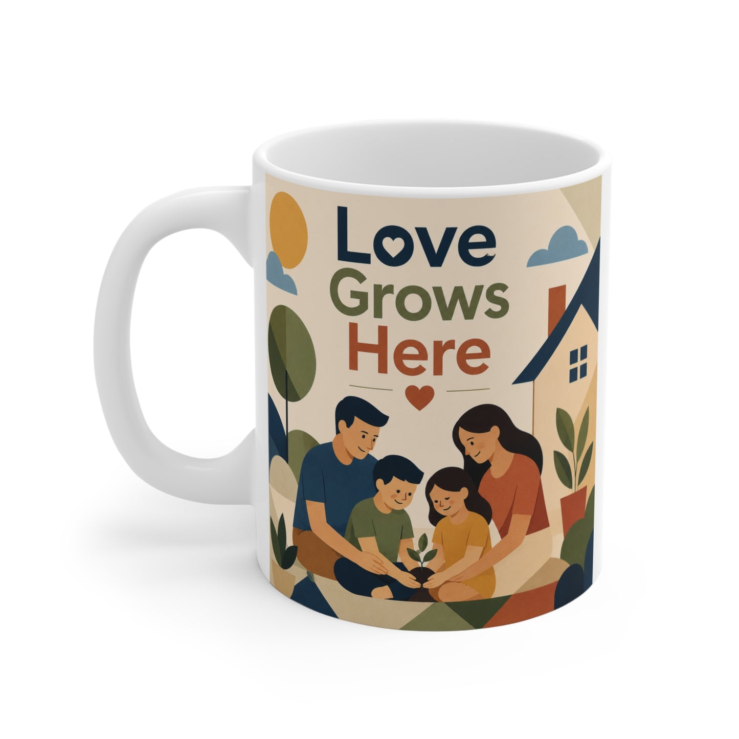 Modern illustrated family coffee mug with Love Grows Here text, perfect gift for parents and family lovers