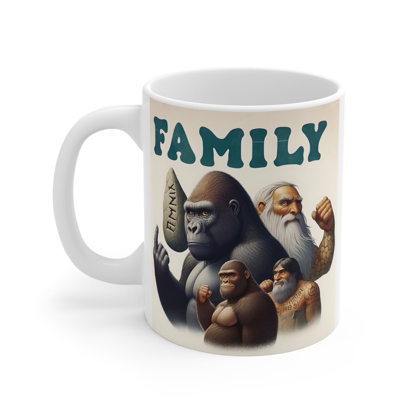 Decorative mug featuring a gorilla surrounded by prehistoric human ancestors beneath the word “Family,” symbolizing heritage, evolution, and generational bonds in detailed artwork.