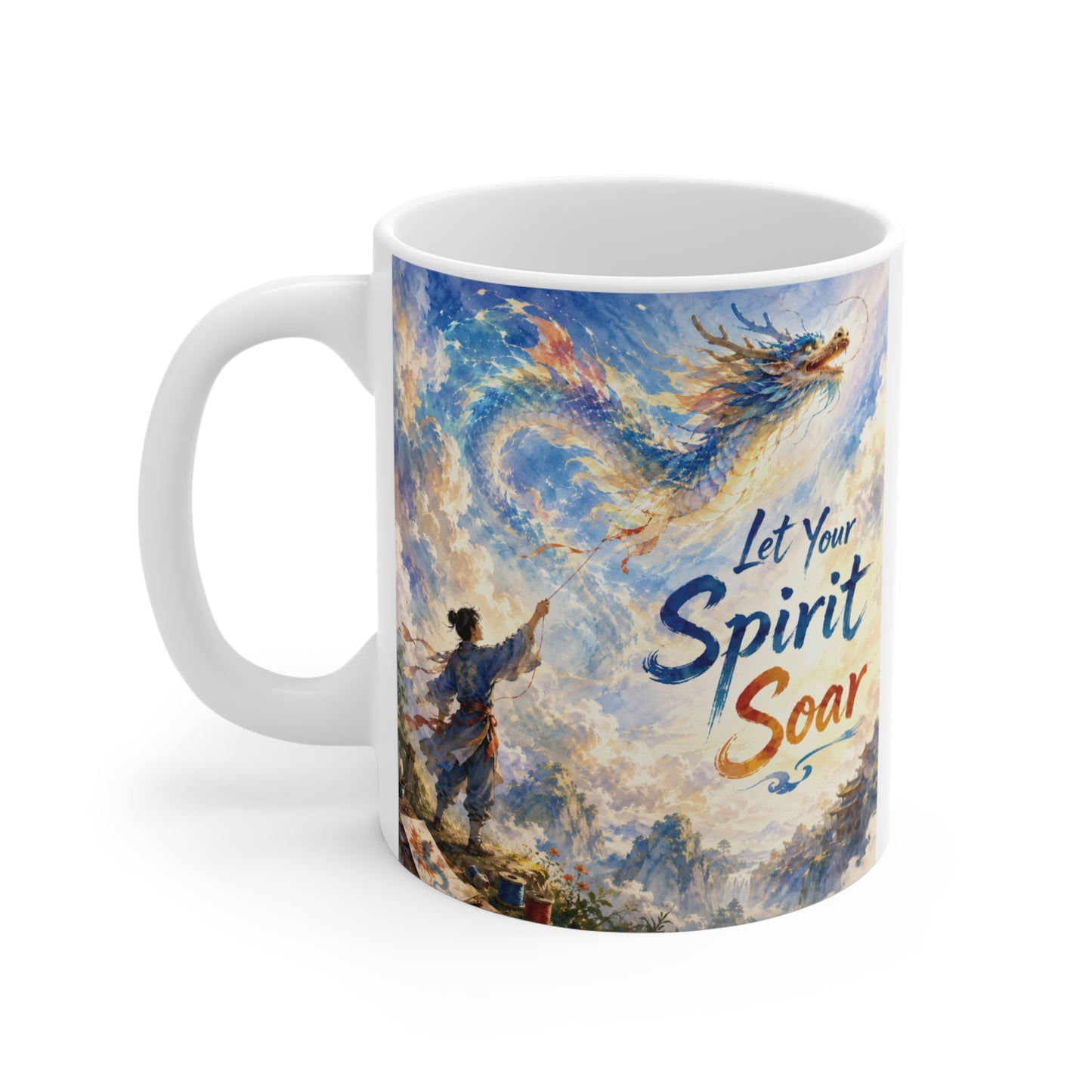Inspirational dragon ceramic mug with colorful watercolor fantasy artwork and uplifting quote