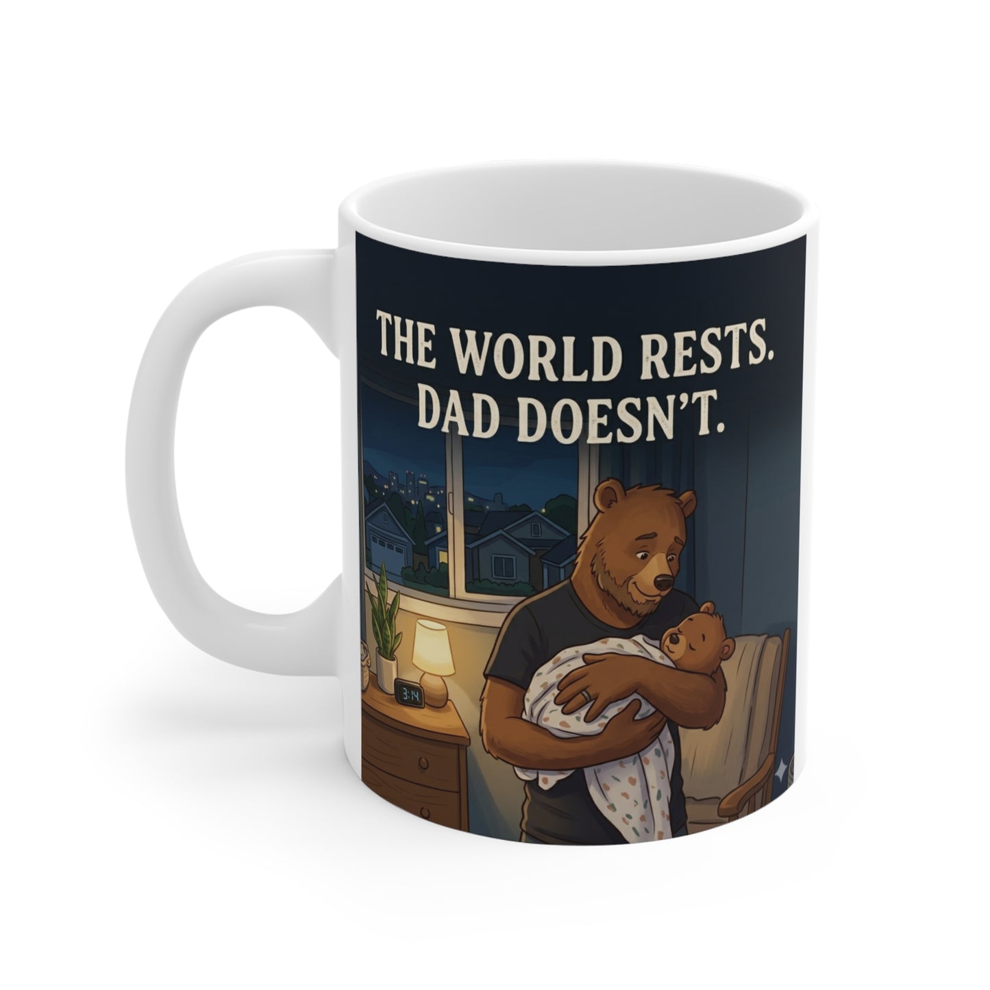 Father’s Day gift mug showing loving dad carrying sleeping child in cozy nighttime artwork
