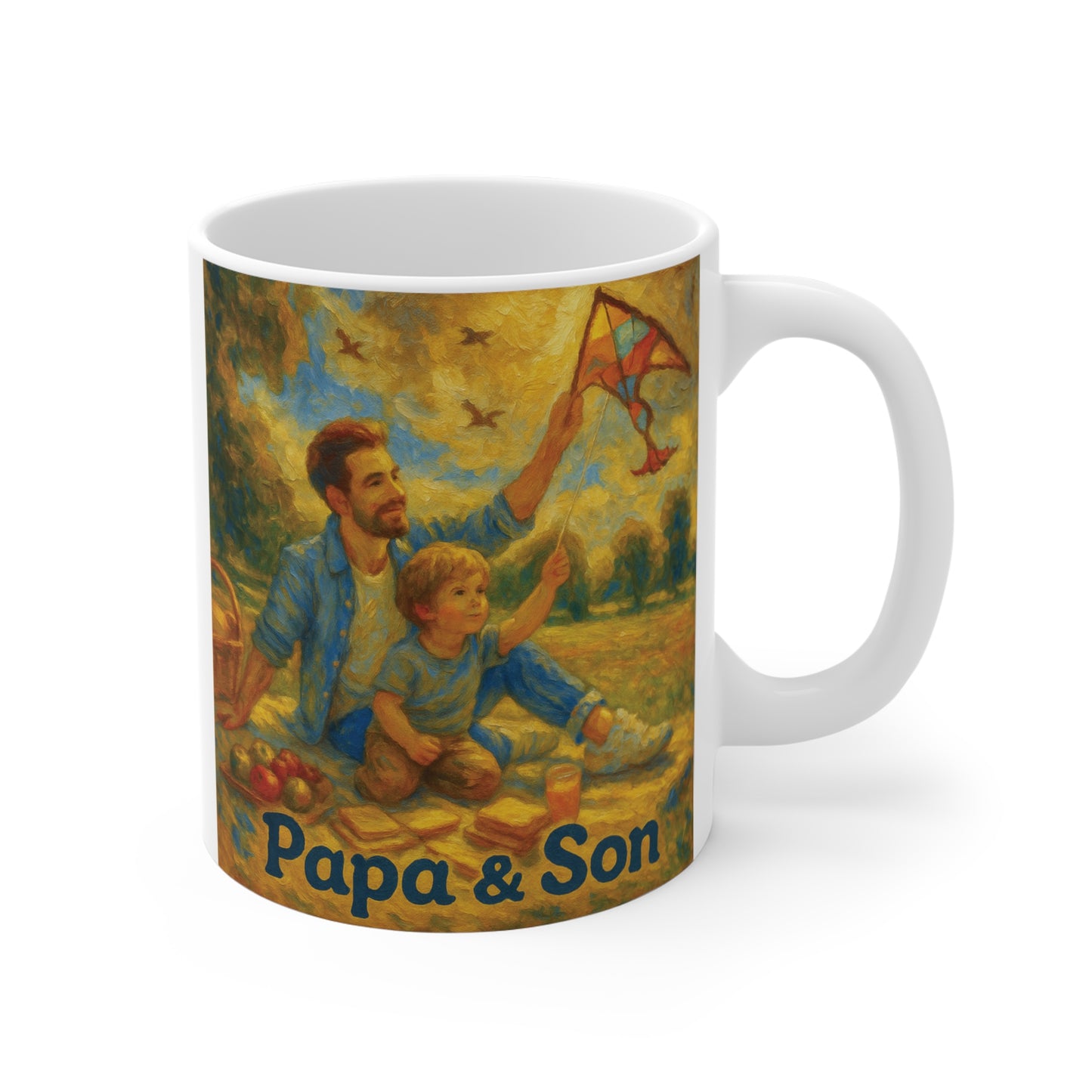 Papa and son mug with vintage oil painting of dad and child flying kite outdoors, meaningful Father’s Day gift idea